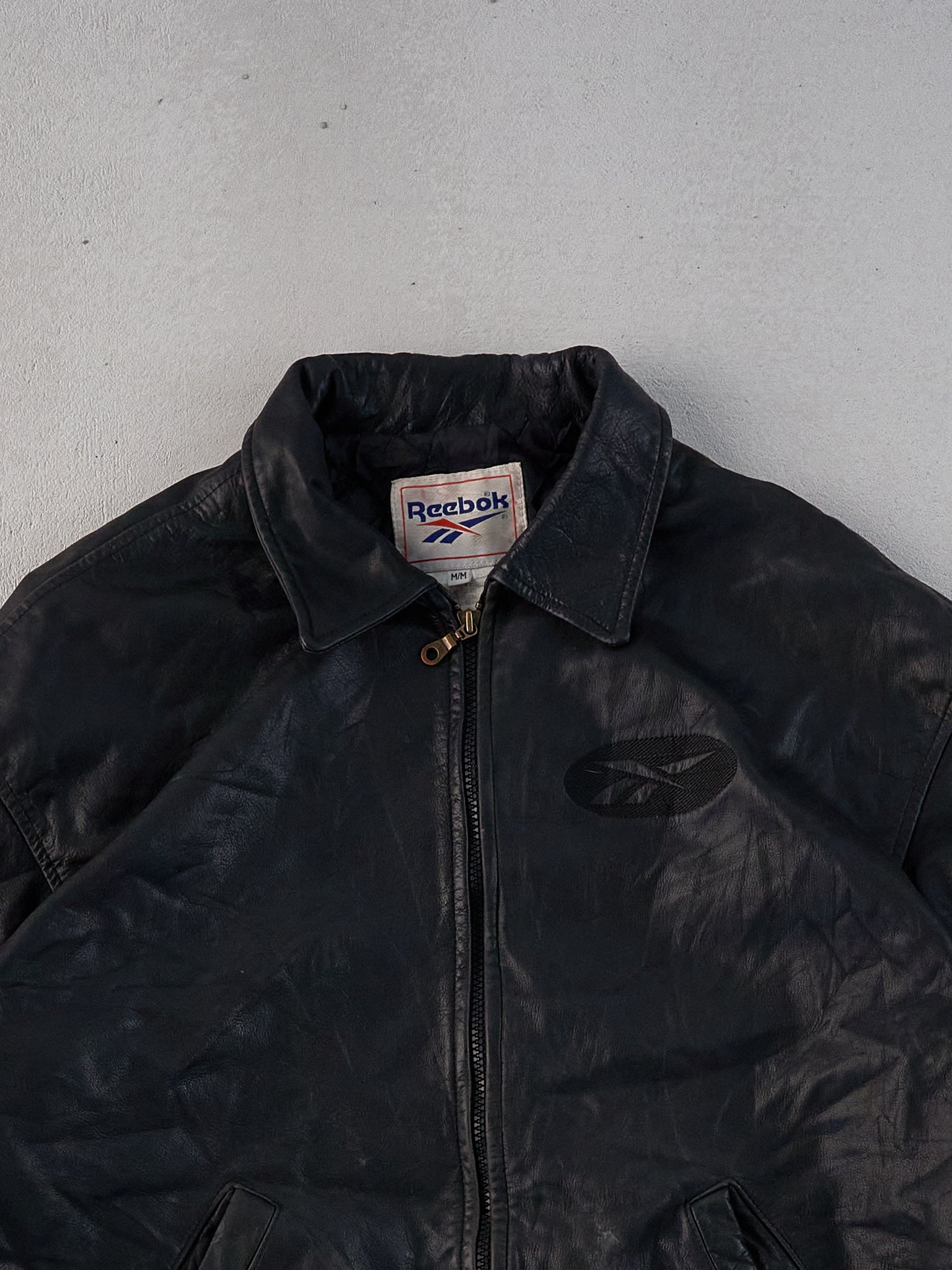 Vintage 90s Black Reebok Collared Leather Jacket (L)