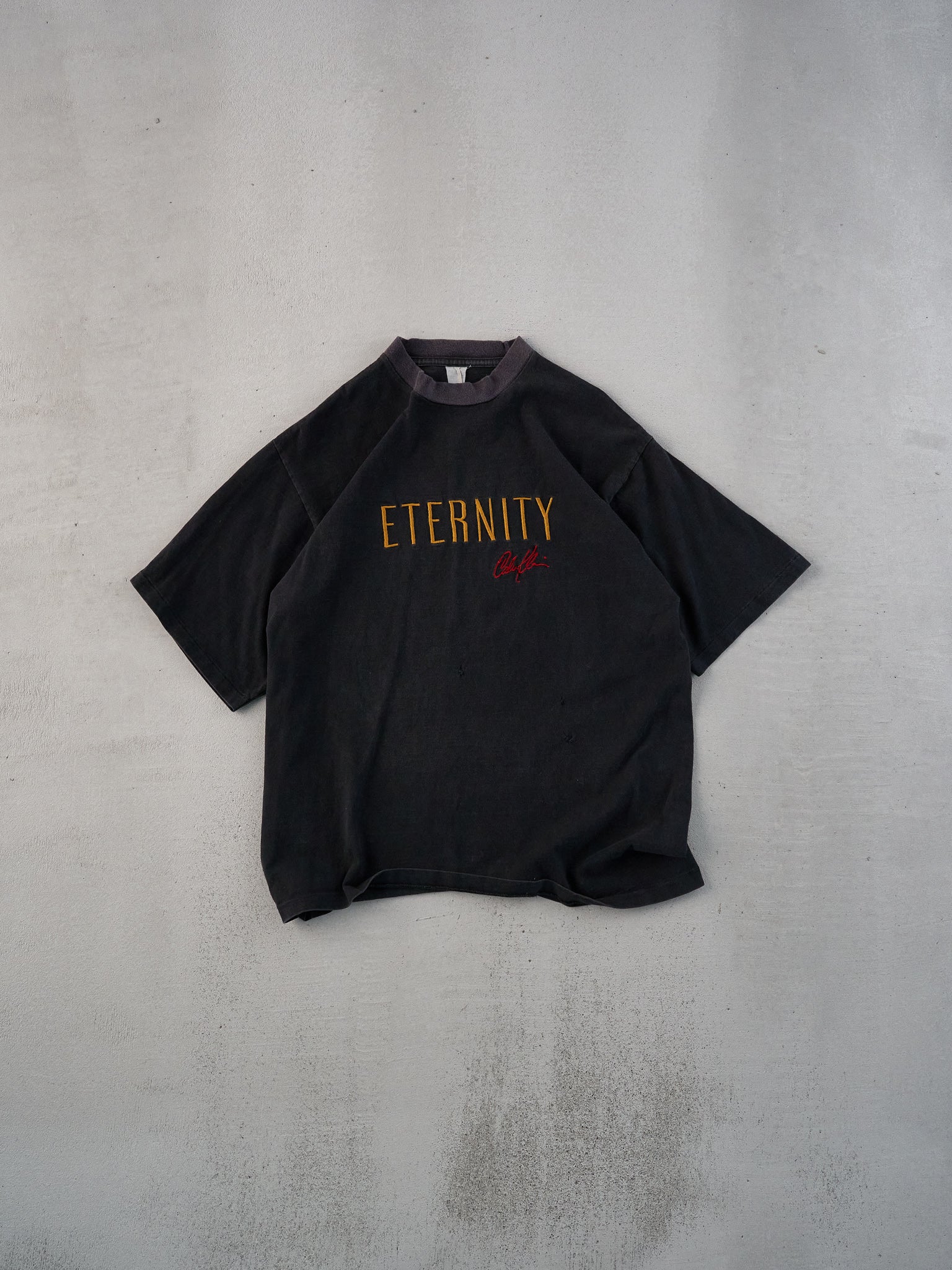 Vintage 90s Washed Black Single Stitched Eternity Embroidery Tee (M)