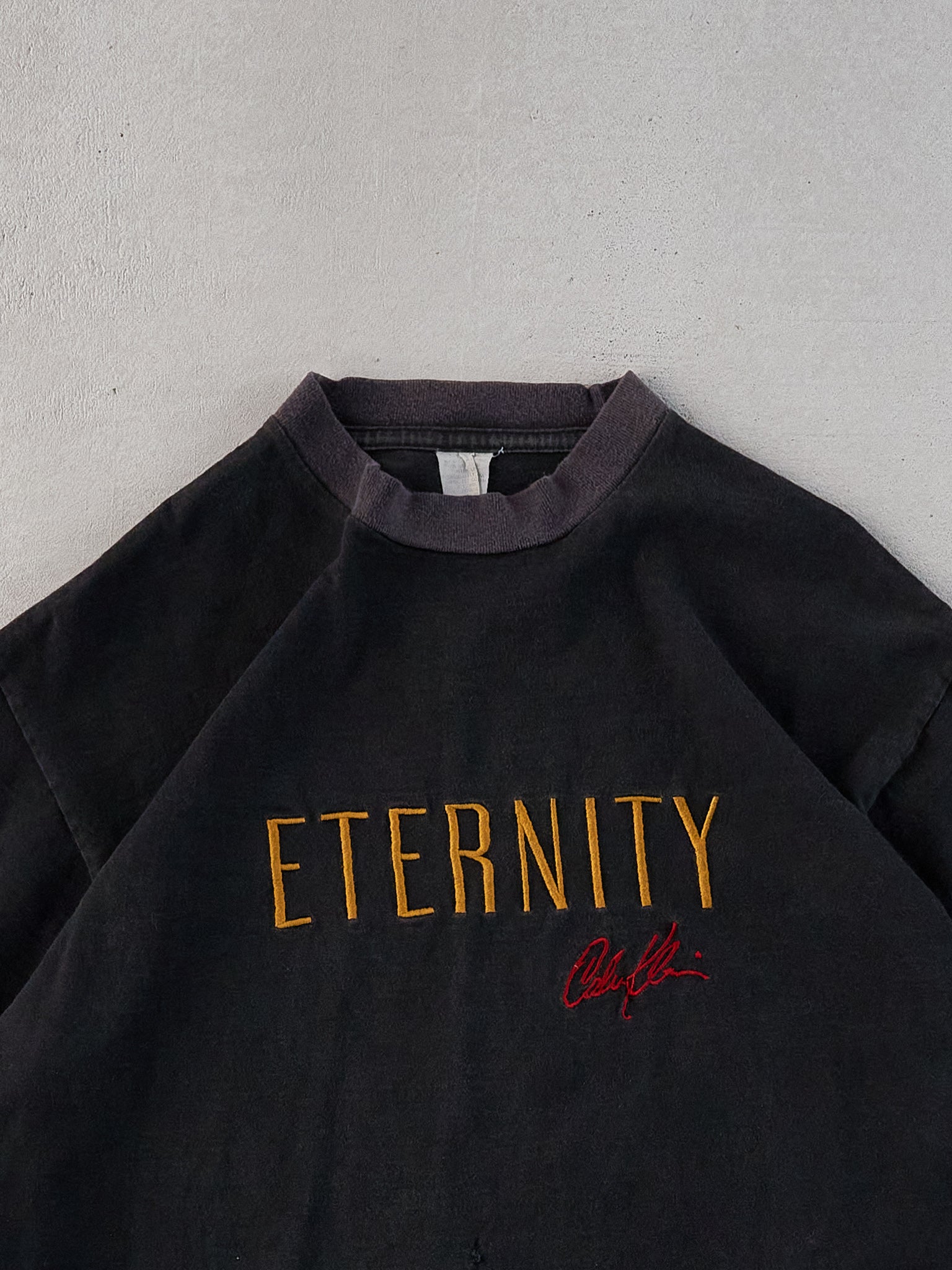 Vintage 90s Washed Black Single Stitched Eternity Embroidery Tee (M)