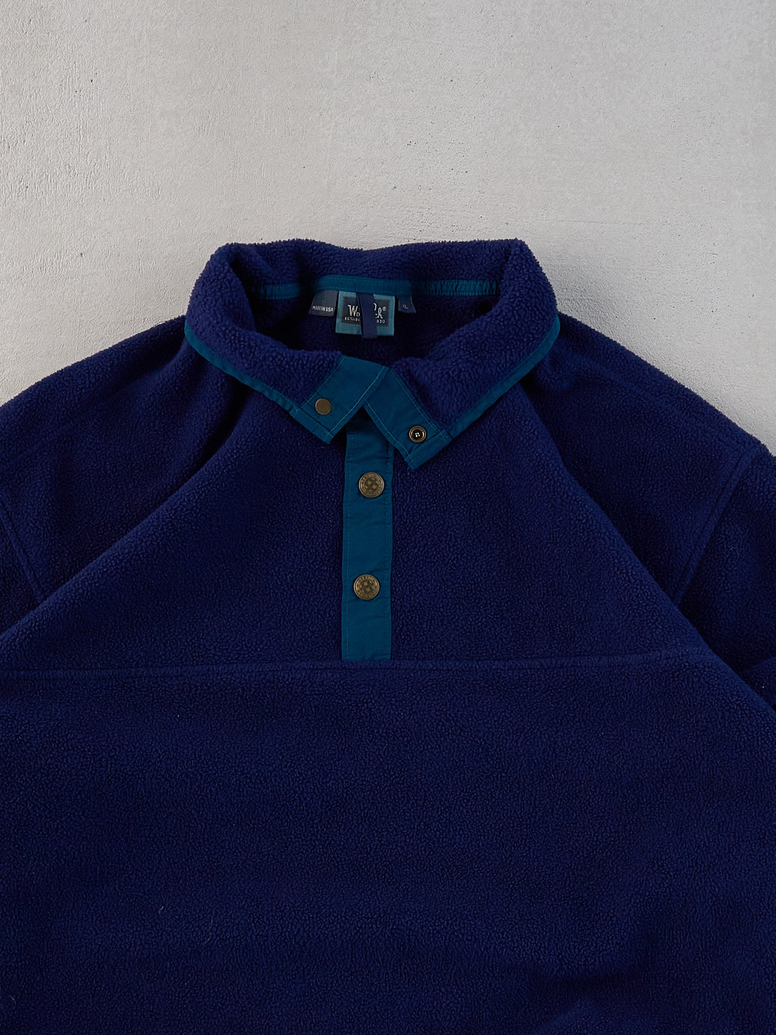 Vintage 90s Navy Blue Woolrich Fleece 1/4 Button Up (L)