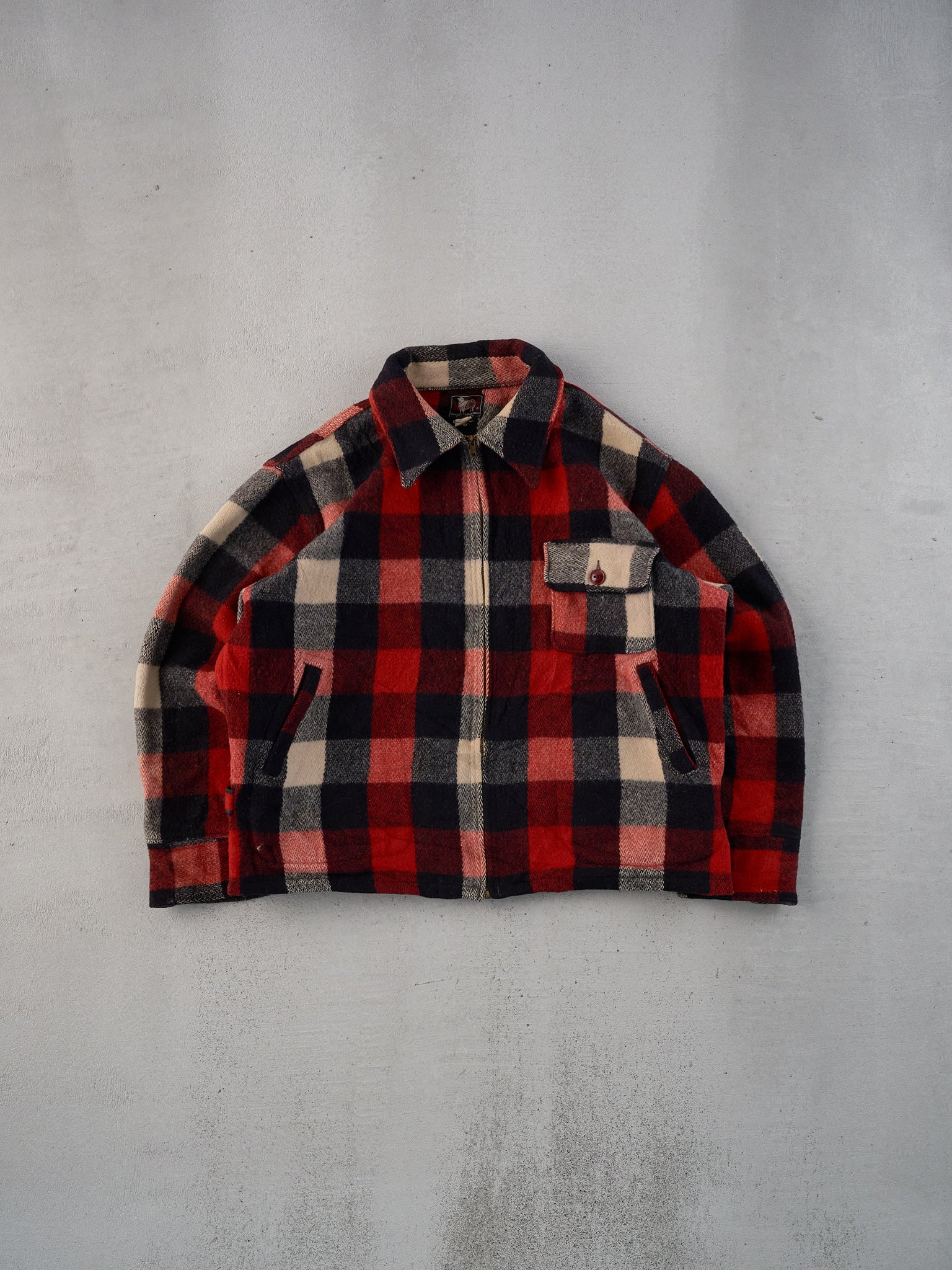 Vintage 90s Red, Black and White Woolrich Plaid Collared Zip Up (M)