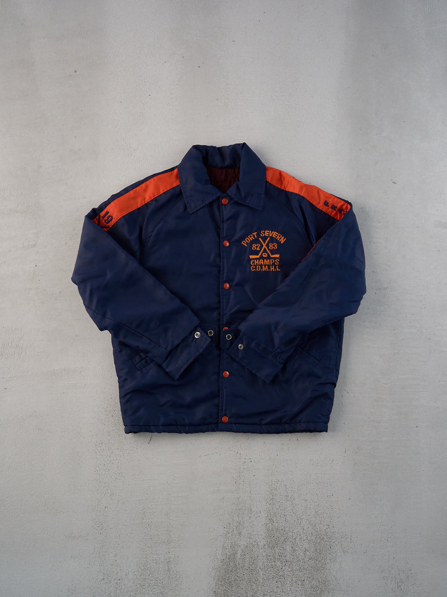 Vintage 83' Navy Blue and Red Port Severn Hockey Champs Button Up (M)
