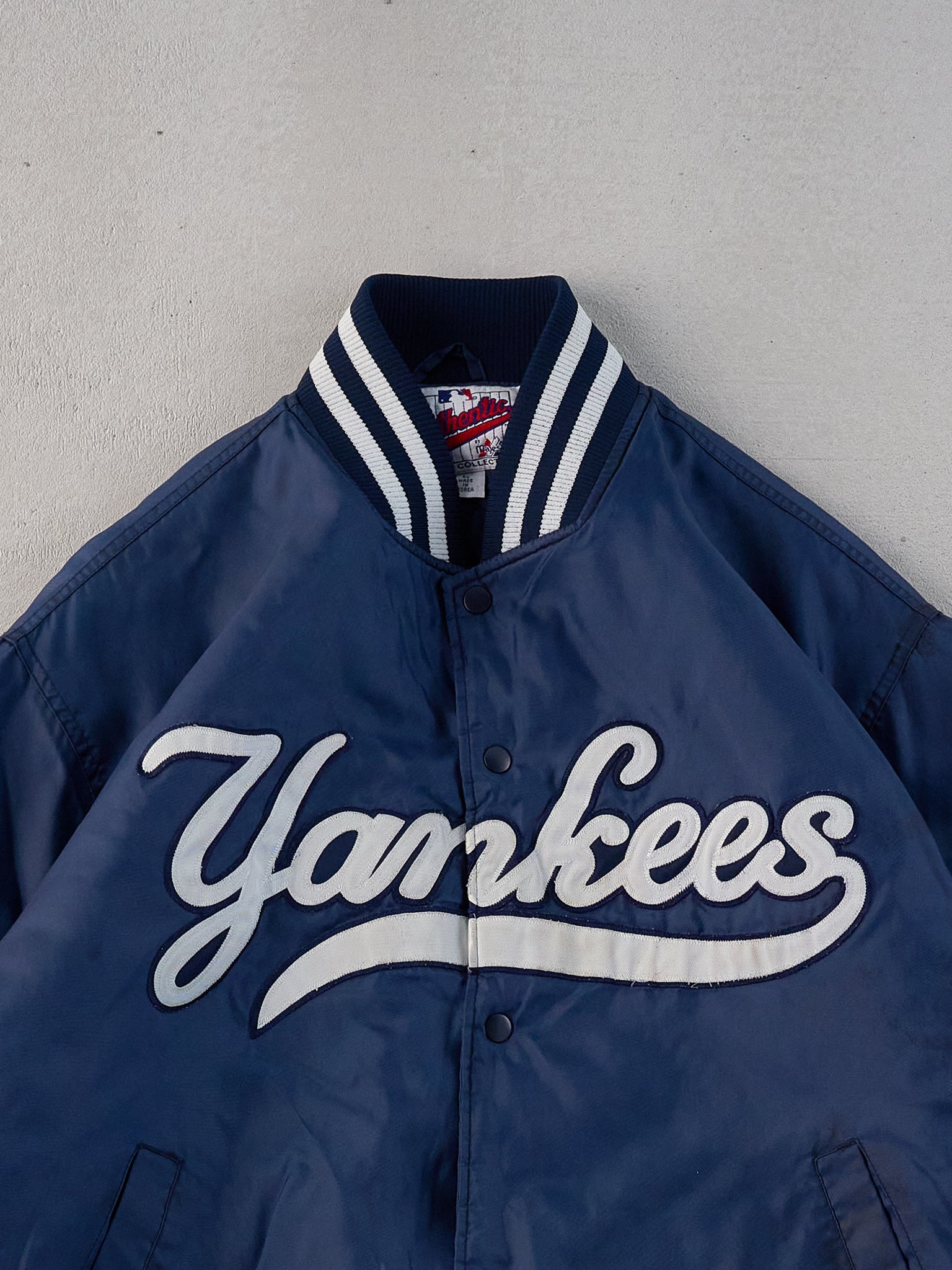 Vintage 90s Navy Blue New York Yankees Satin Varsity Bomber Jacket