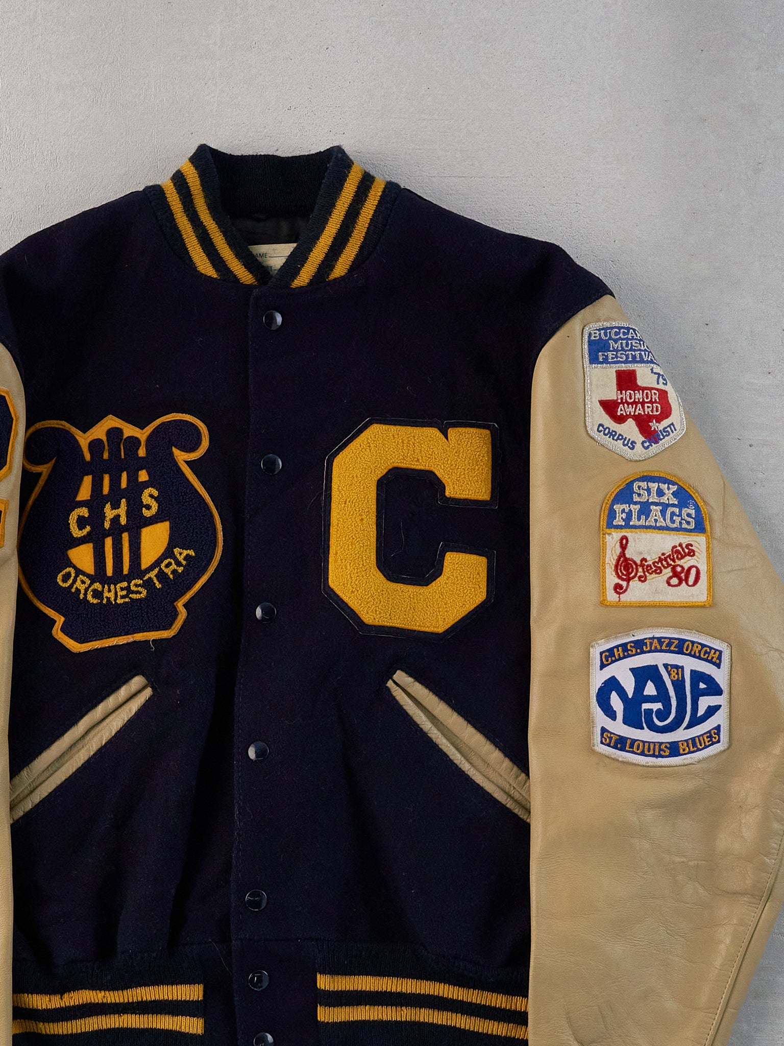 Vintage 82' Navy Blue CHS Orchestra School Leather Varsity Jacket (L)