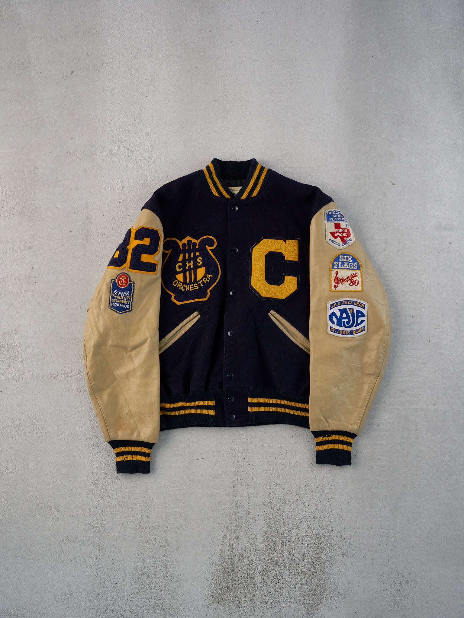 Vintage 82' Navy Blue CHS Orchestra School Leather Varsity Jacket (L)