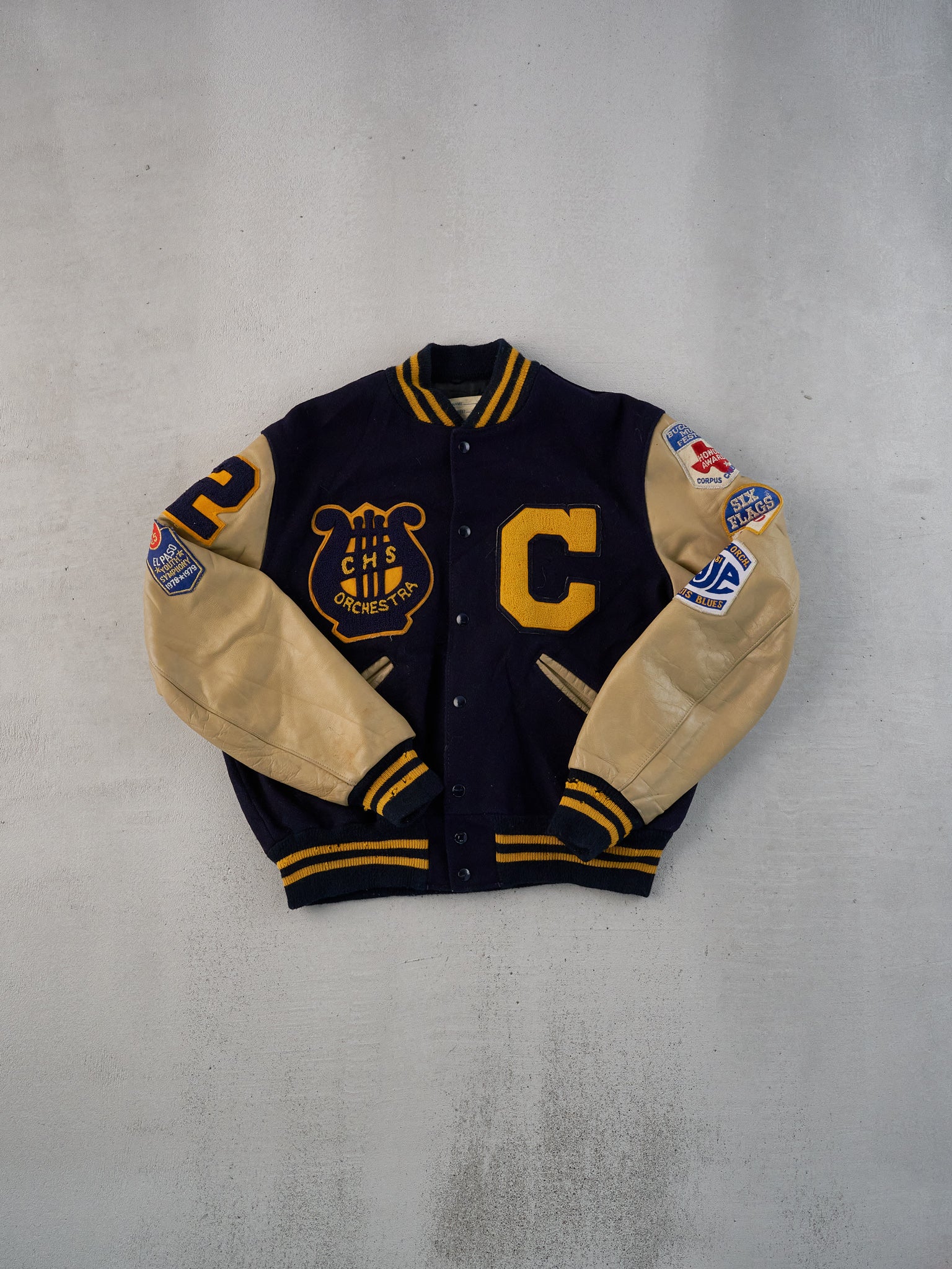 Vintage 82' Navy Blue CHS Orchestra School Leather Varsity Jacket (L)