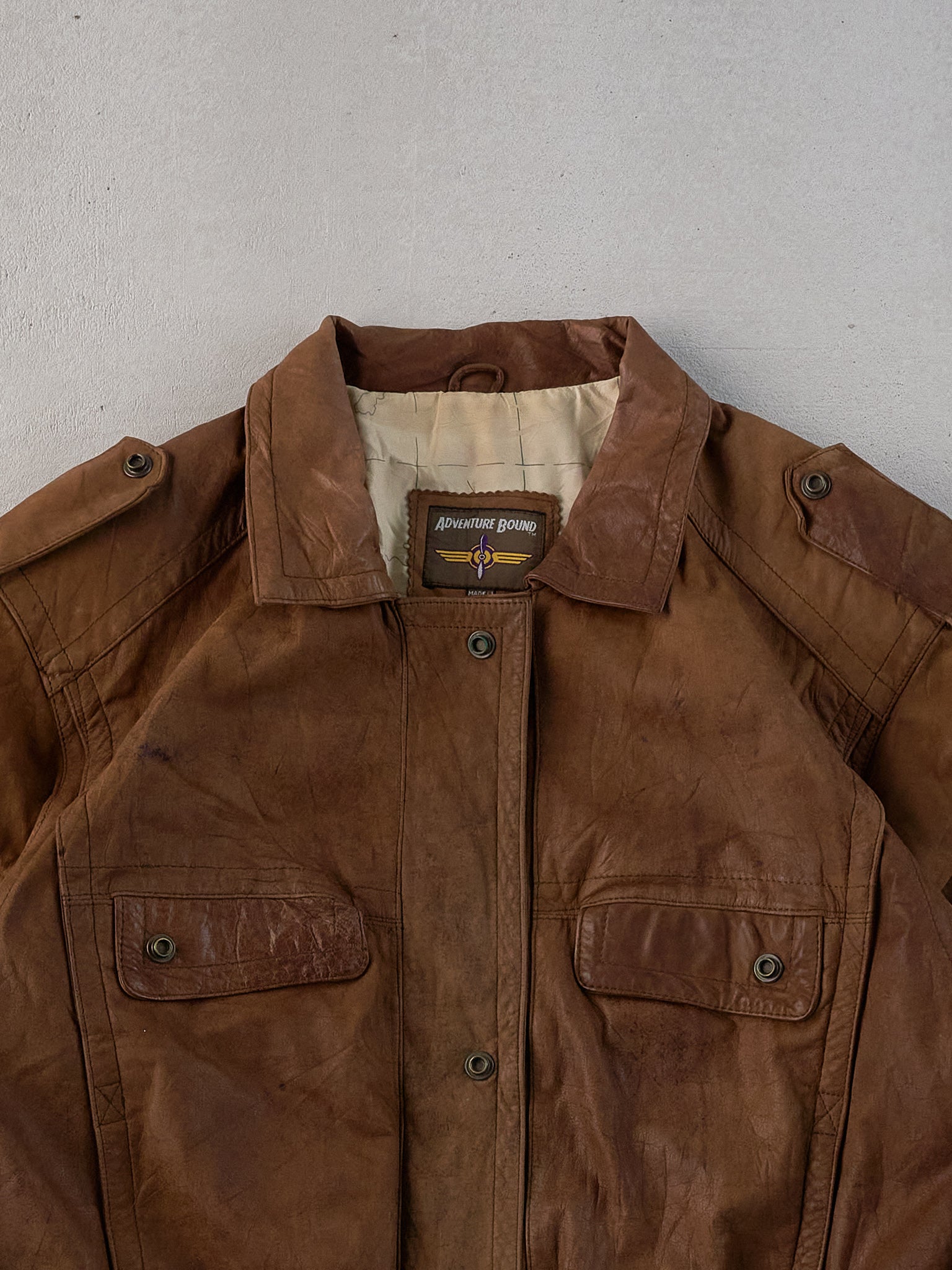 Vintage 90s Brown Adventure Bound Leather Collared Button Up (L)