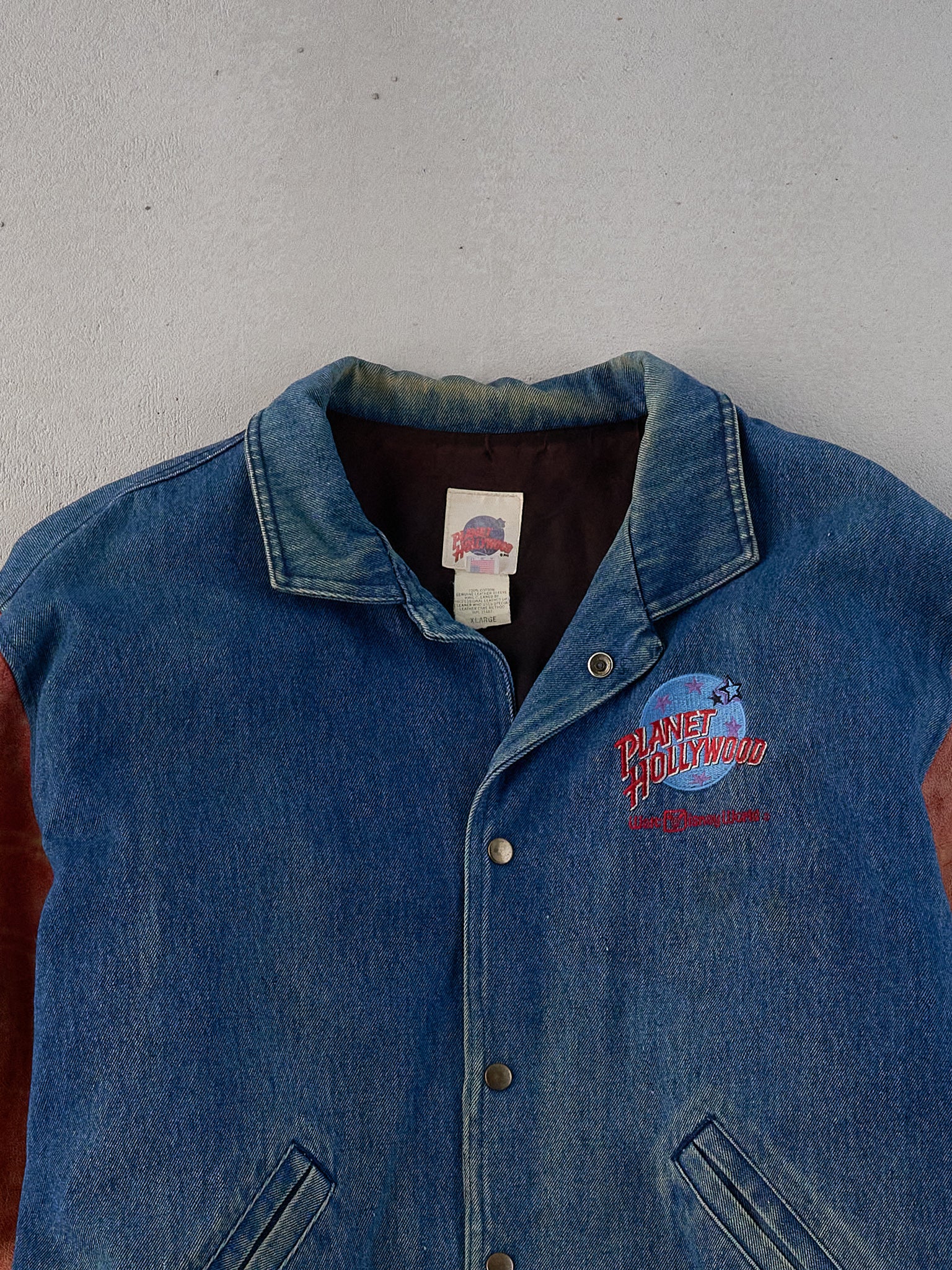 Vintage 90s Blue and Red Planet Hollywood Collared Denim Varsity Jacket (XL)