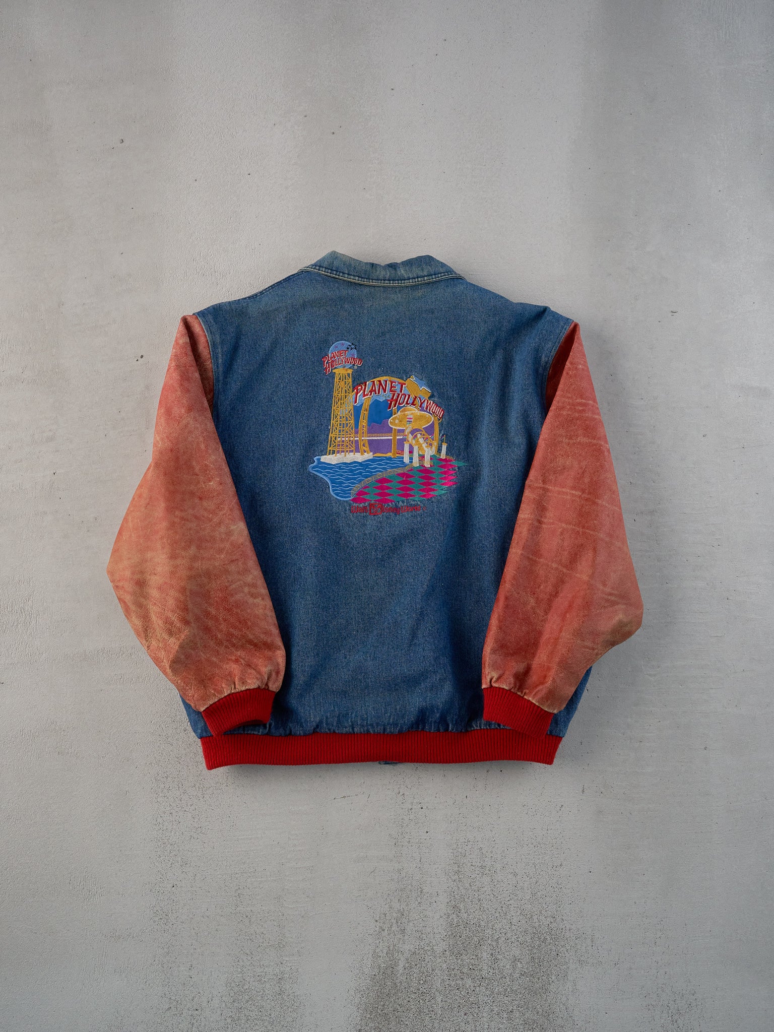 Vintage 90s Blue and Red Planet Hollywood Collared Denim Varsity Jacket (XL)