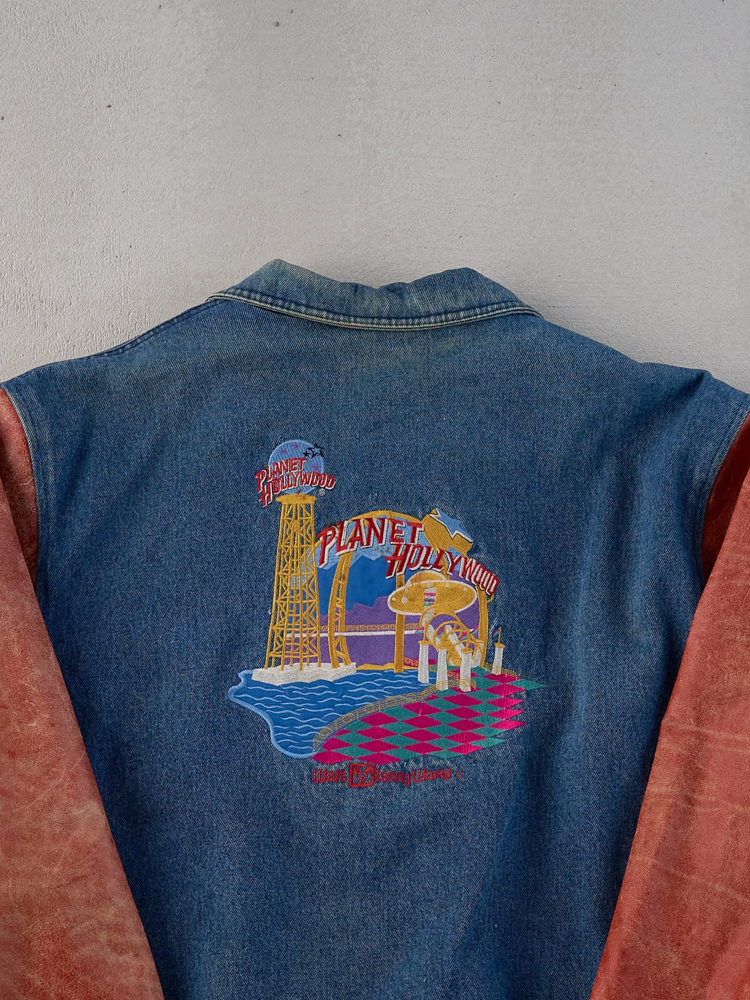 Vintage 90s Blue and Red Planet Hollywood Collared Denim Varsity Jacket (XL)