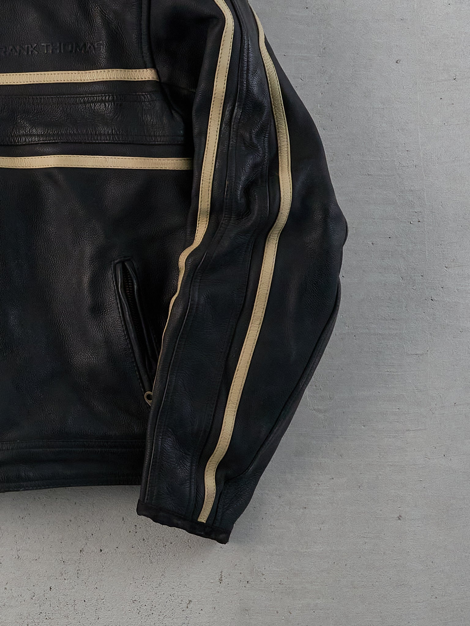 Vintage 90s Black and White Frank Thomas Striped Racing Leather Jacket (M)
