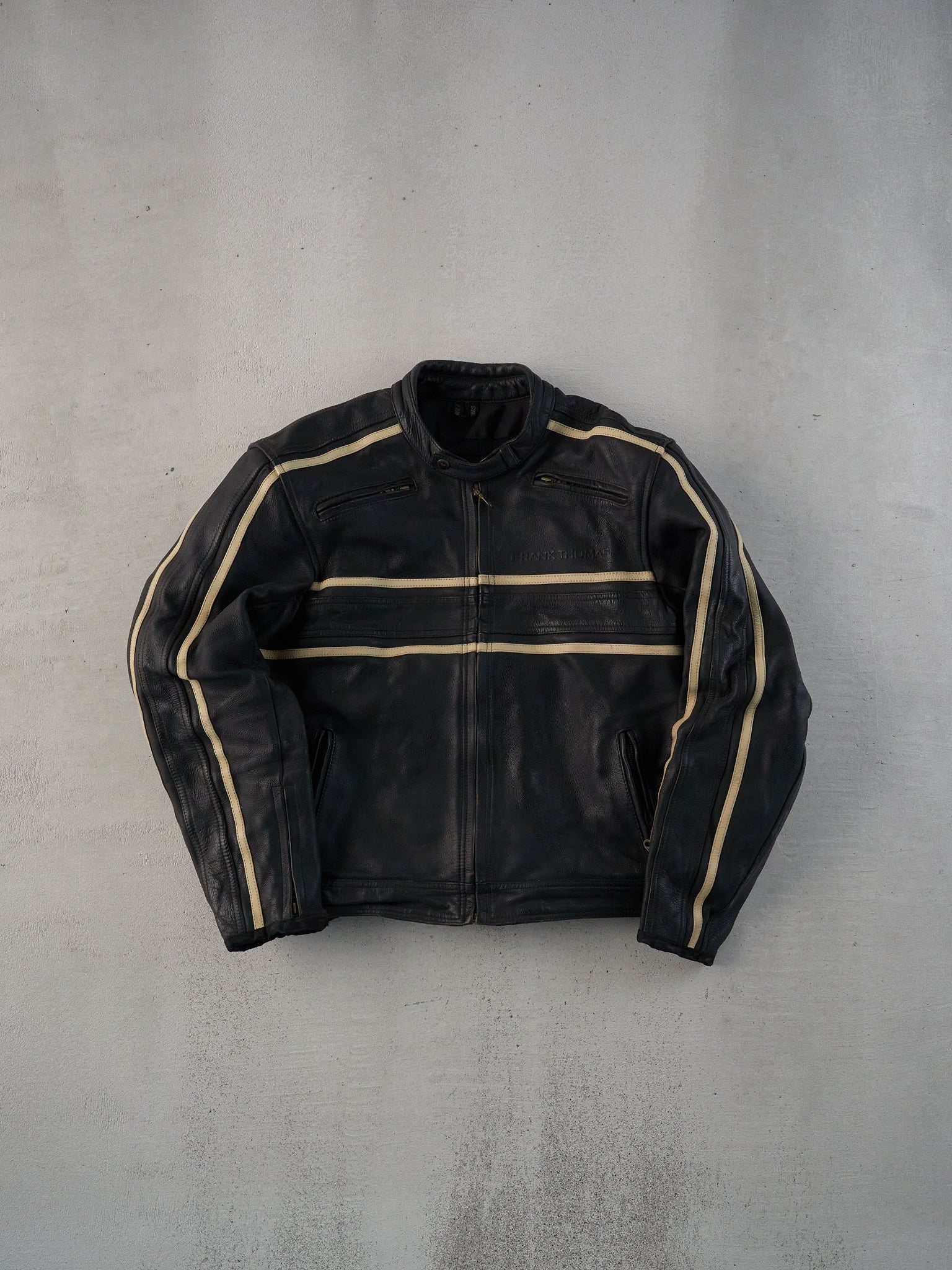 Vintage 90s Black and White Frank Thomas Striped Racing Leather Jacket (M)