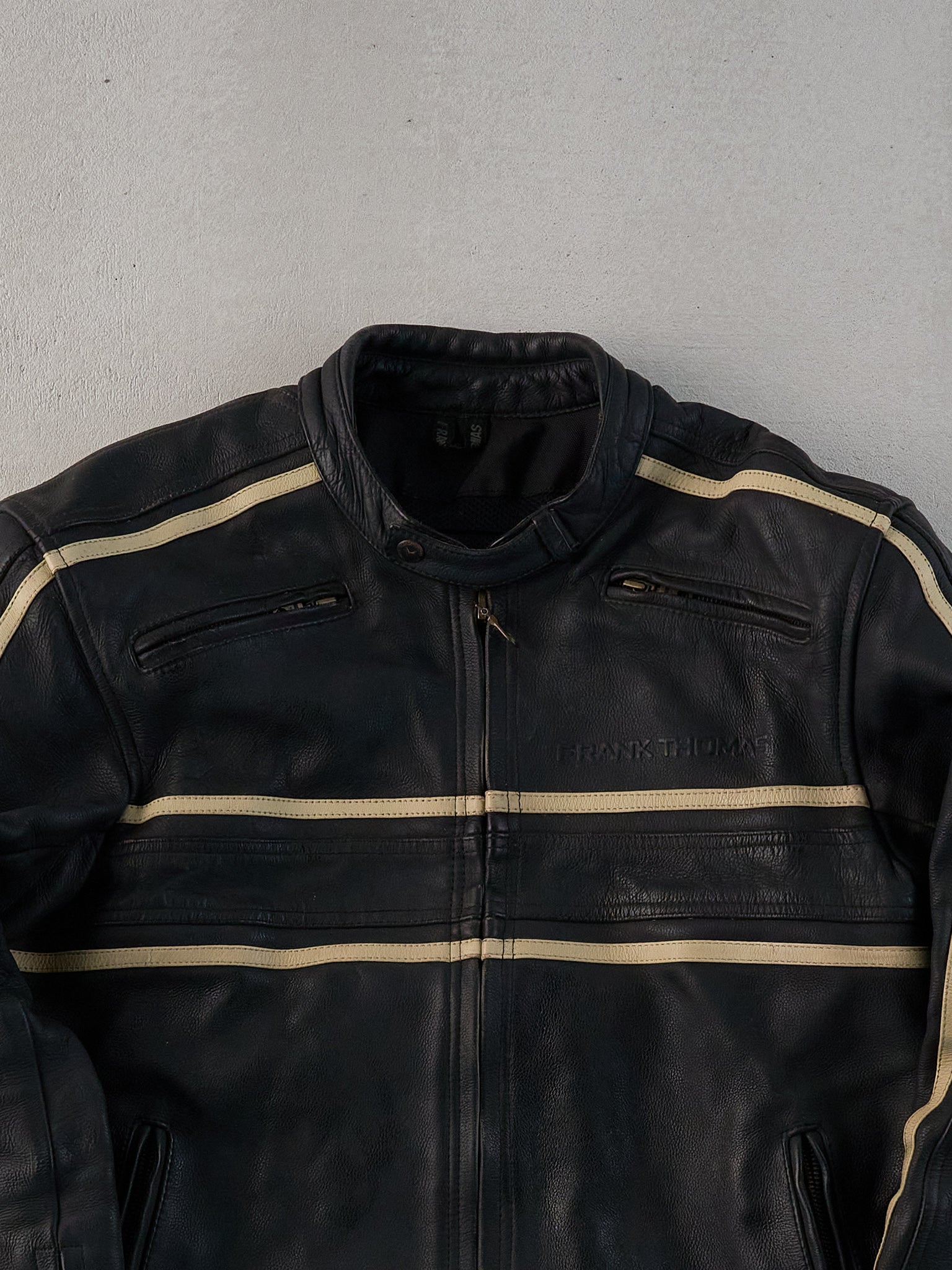 Vintage 90s Black and White Frank Thomas Striped Racing Leather Jacket (M)