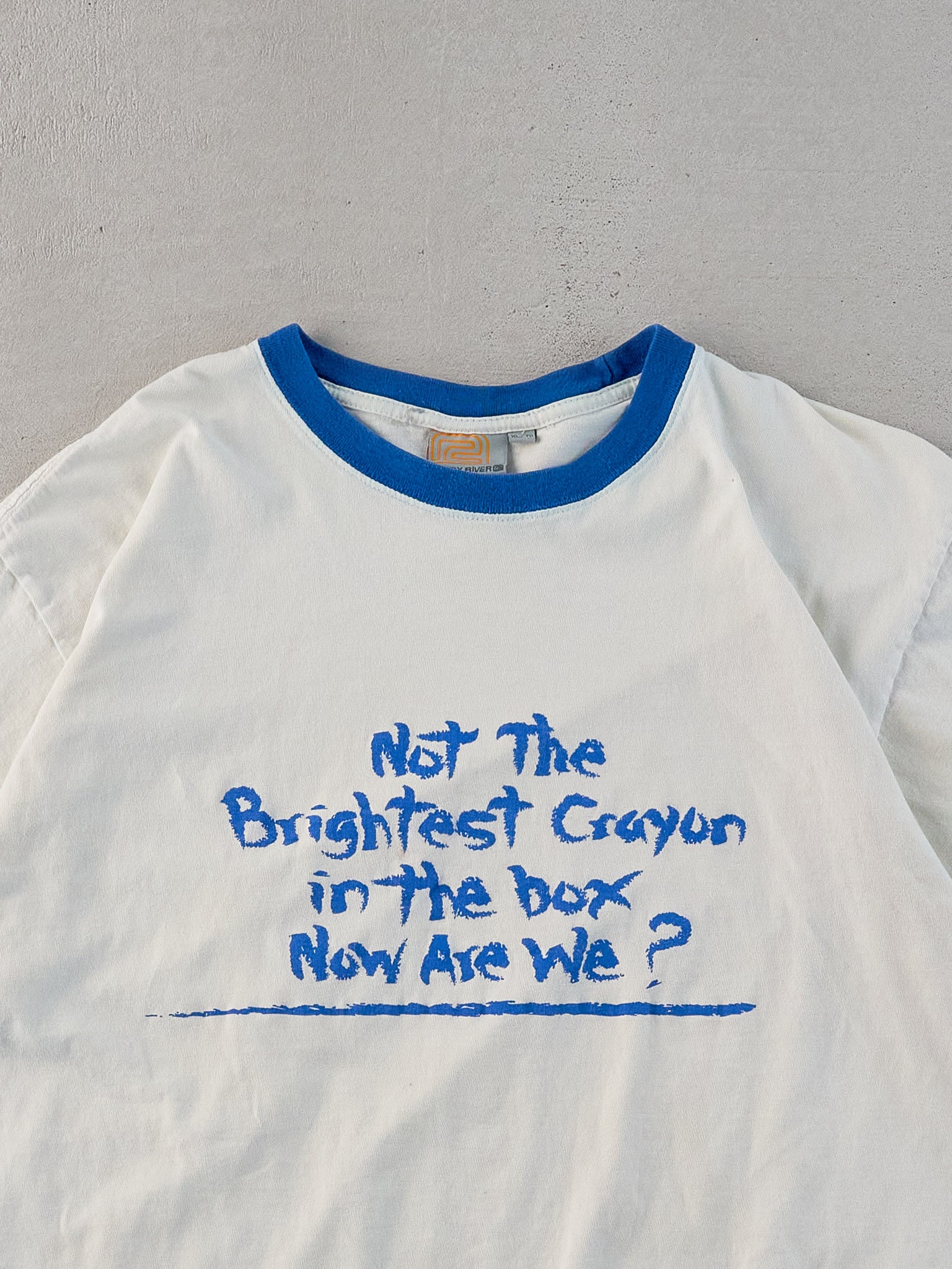 Vintage 90s White and Blue "Not The Brightest Crayon In The Box Now, Are We" Ringer Tee (L)