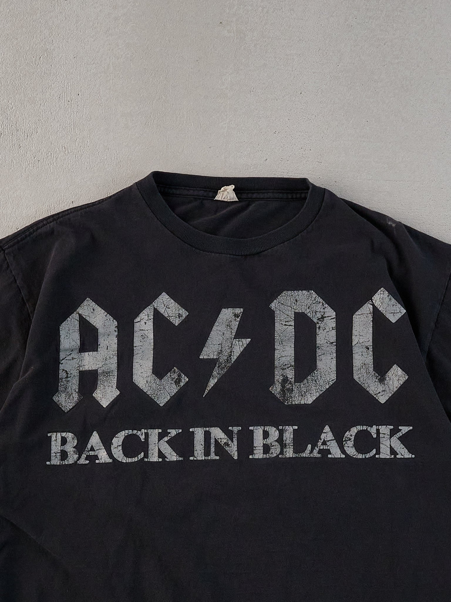 Vintage 90s Black Faded ACDC "Back In Black" Boxy Tee (M)