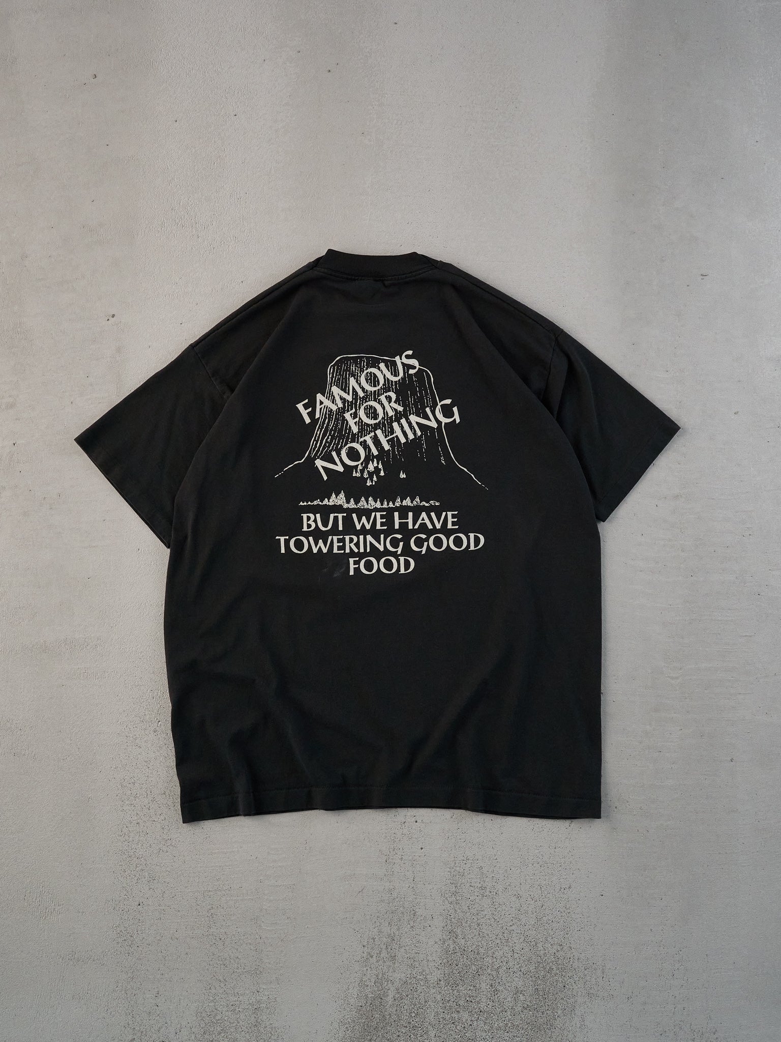 Vintage 90s Black Single Stitched "Famous For Nothing But We Have Towering Good Food" Tee (M/L)