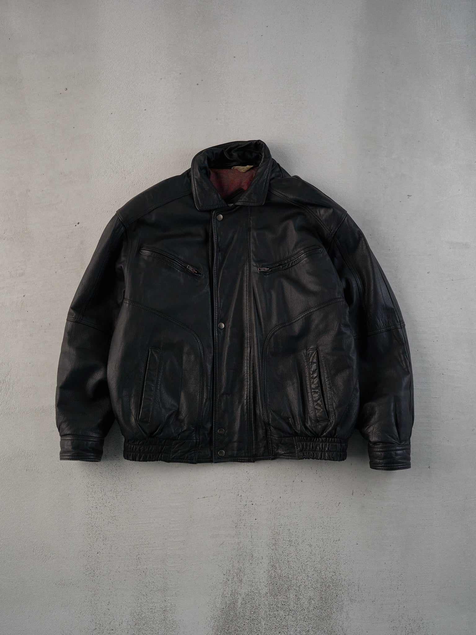 Vintage 80s Black Club International Collared Leather Bomber Jacket
