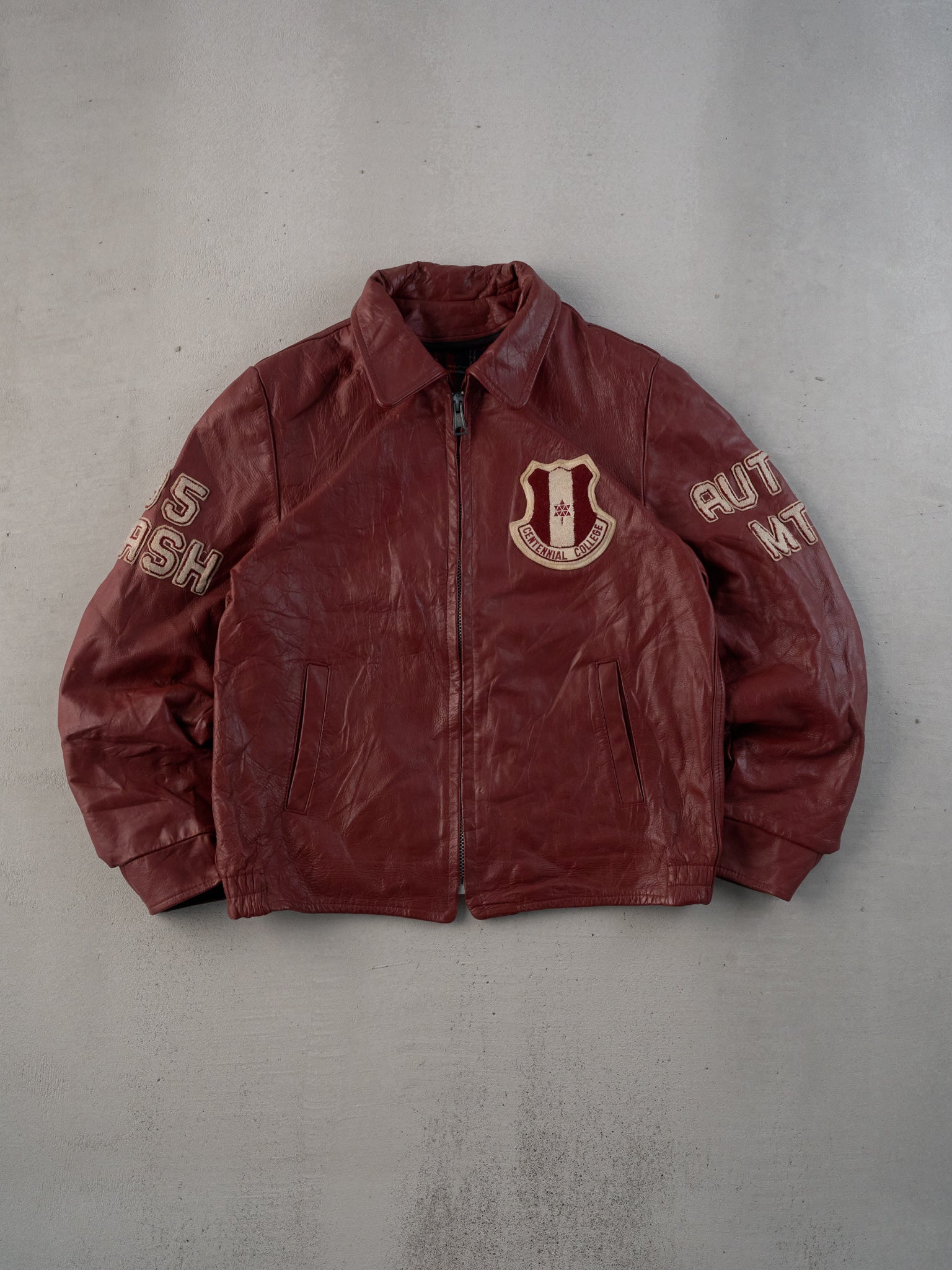 Vintage 85' Maroon Centiennal College Collared Leather Jacket (M)