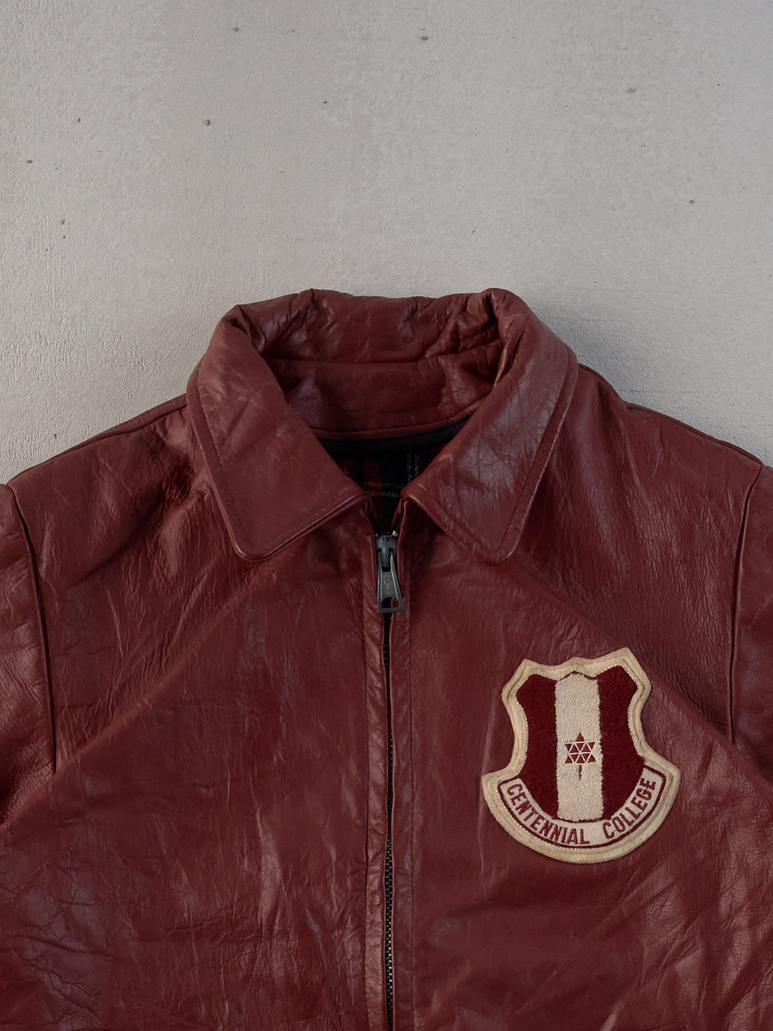 Vintage 85' Maroon Centiennal College Collared Leather Jacket (M)
