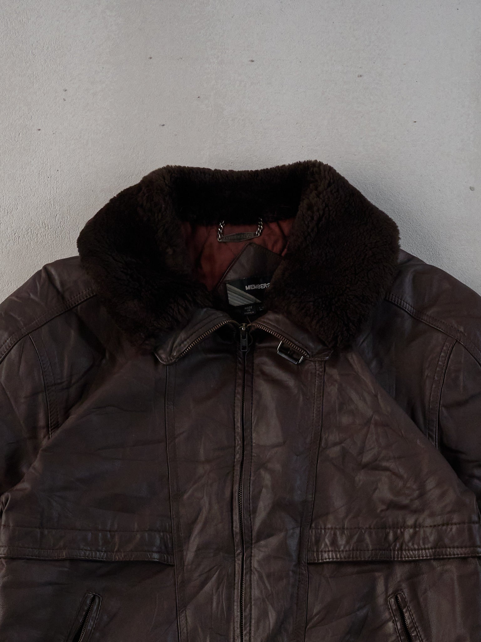 Vintage 80s Dark Brown Member Only Sherpa Collar Leather Jacket (M)