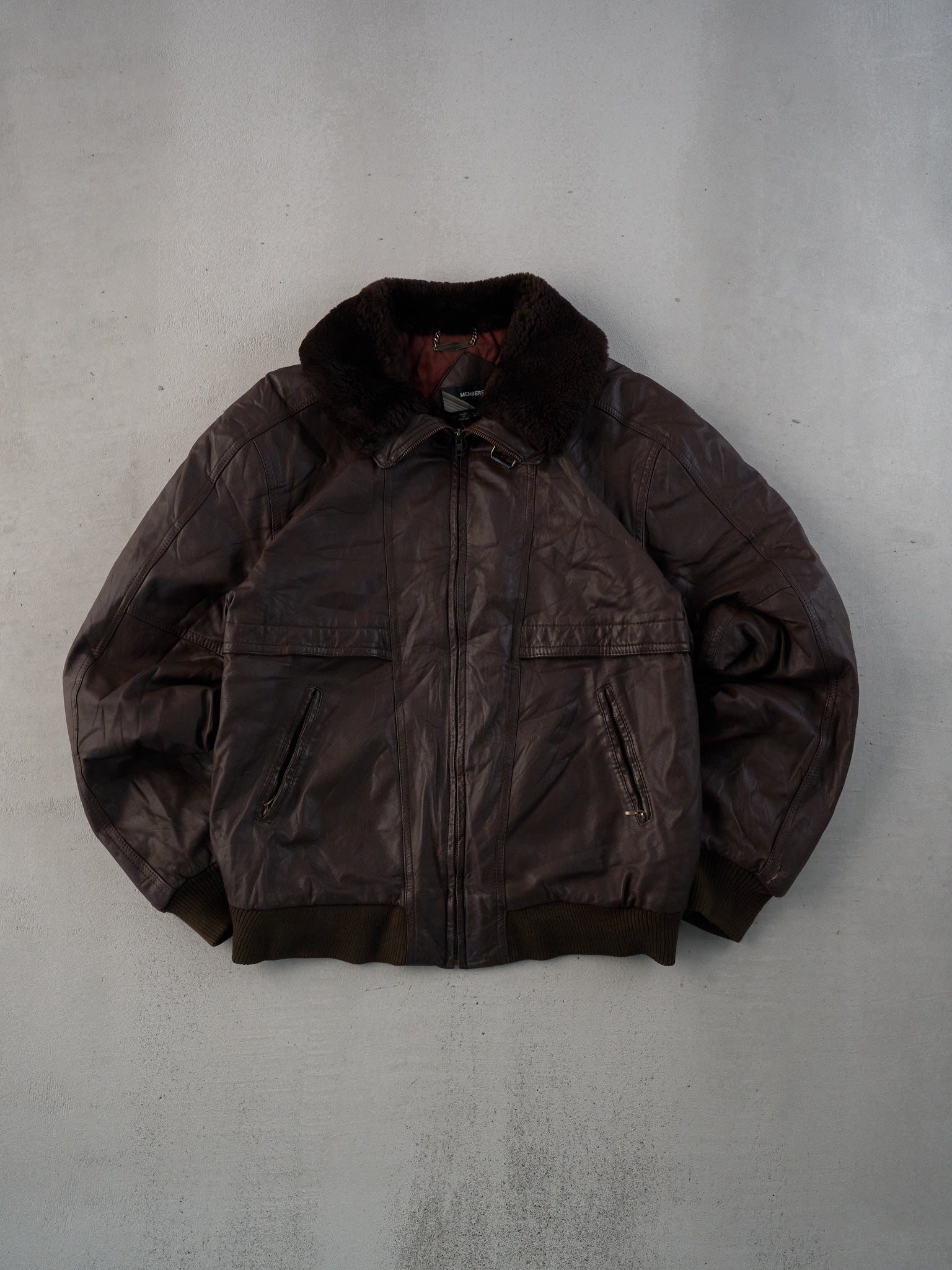 Vintage 80s Dark Brown Member Only Sherpa Collar Leather Jacket (M)