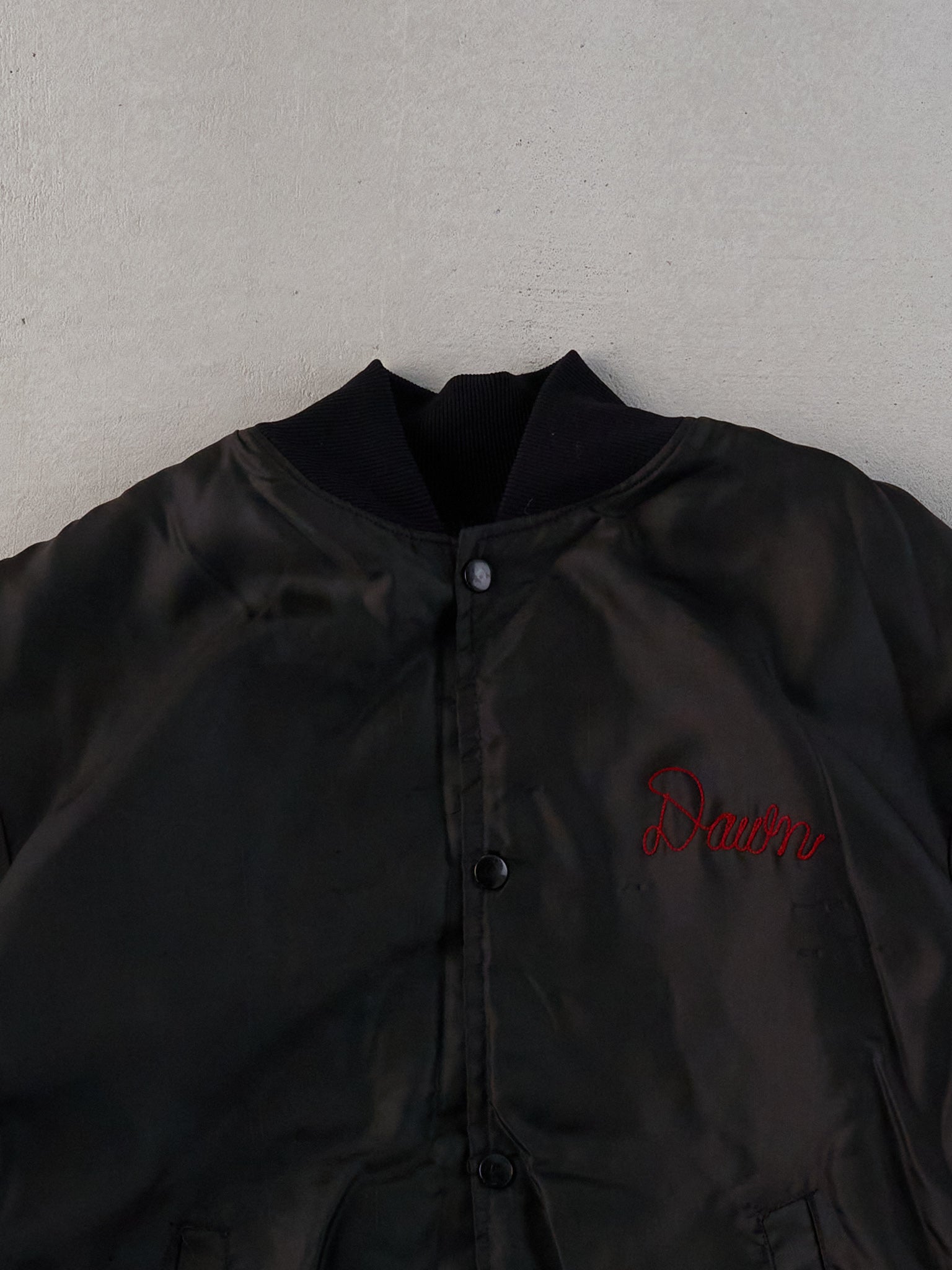 Vintage 90s Black Satin Dawn Carolina Trucker Bomber Jacket (M)