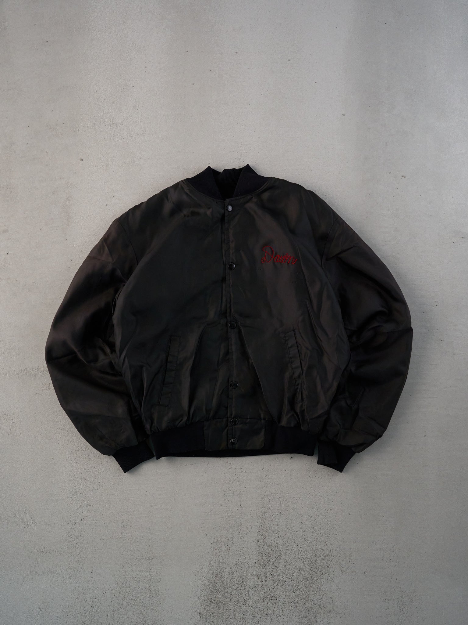 Vintage 90s Black Satin Dawn Carolina Trucker Bomber Jacket (M)
