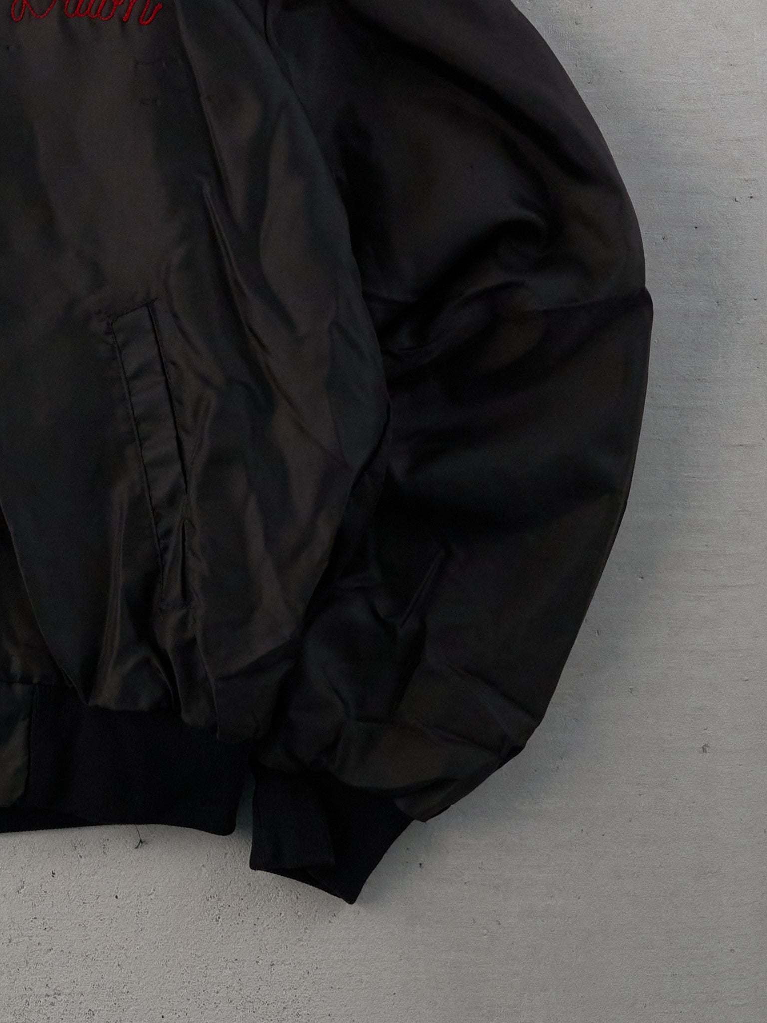 Vintage 90s Black Satin Dawn Carolina Trucker Bomber Jacket (M)