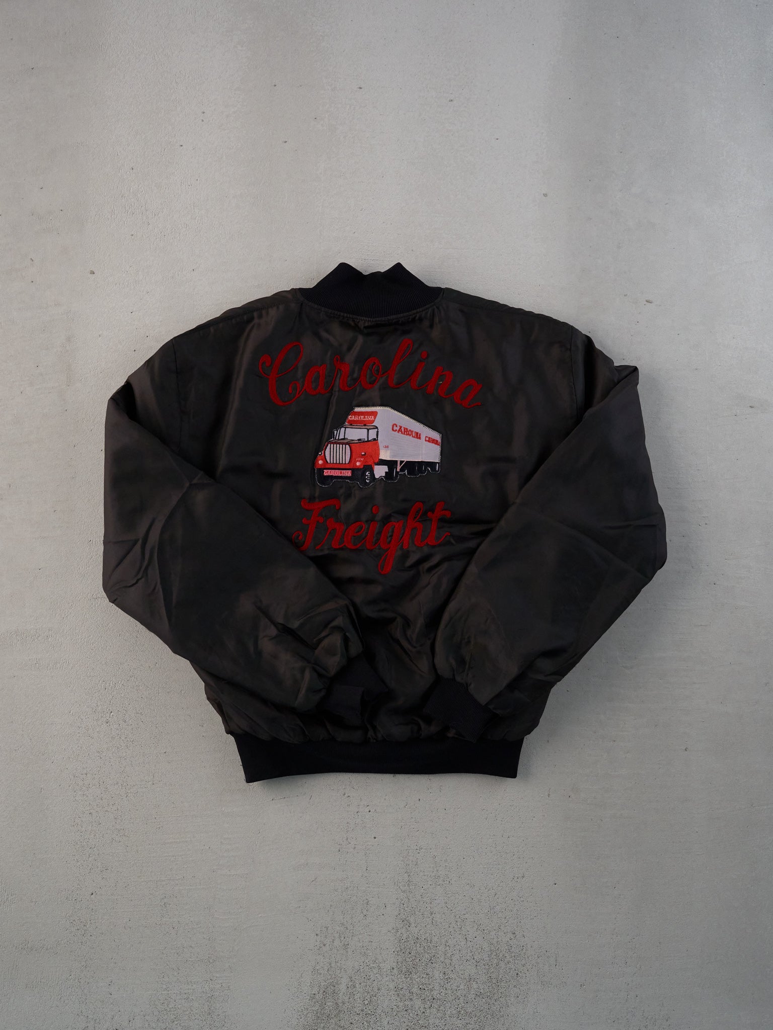 Vintage 90s Black Satin Dawn Carolina Trucker Bomber Jacket (M)