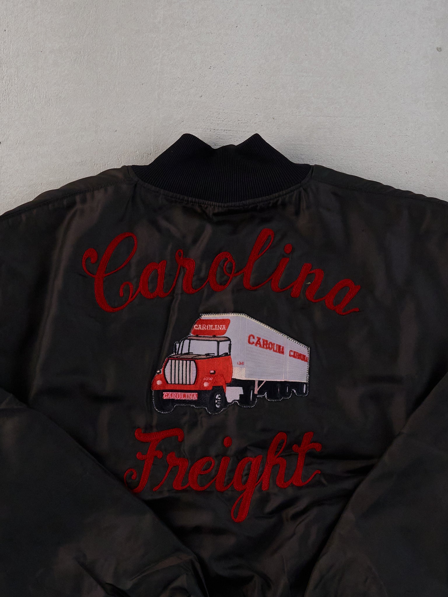 Vintage 90s Black Satin Dawn Carolina Trucker Bomber Jacket (M)