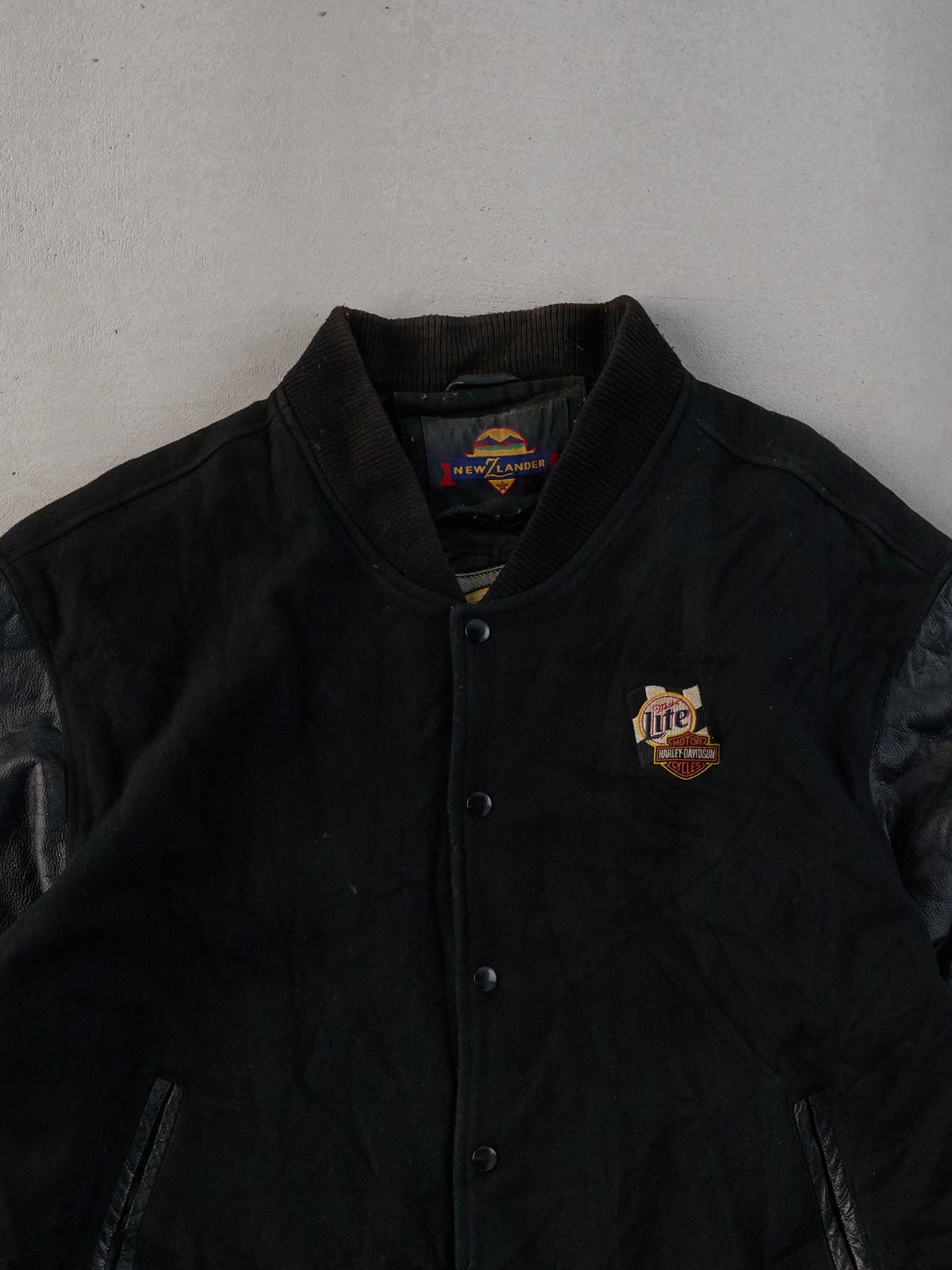 Vintage 90s Black Harley Davidson X Miller Lite Varsity Leather Jacket (L)