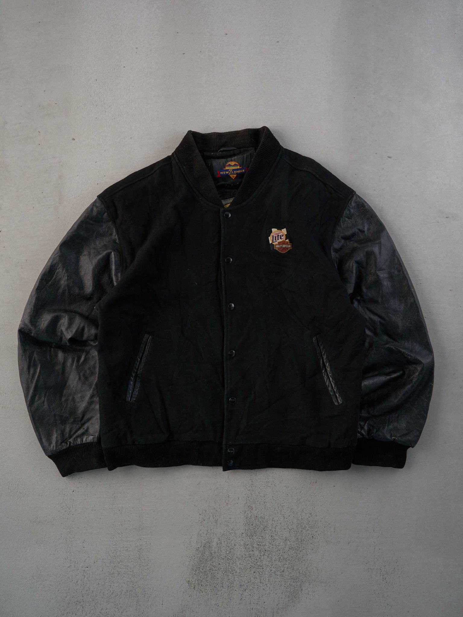 Vintage 90s Black Harley Davidson X Miller Lite Varsity Leather Jacket (L)