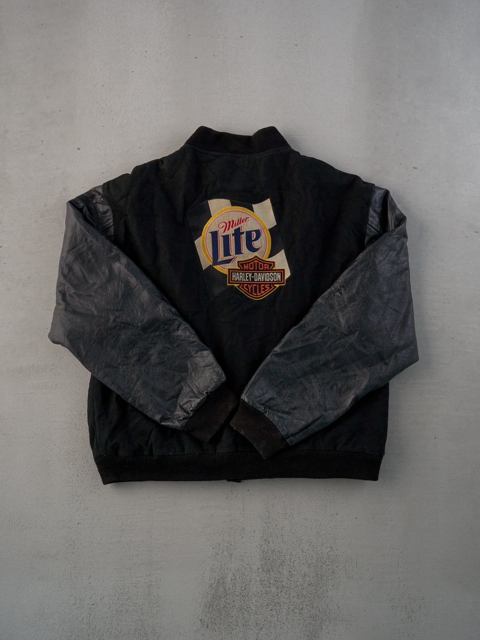 Vintage 90s Black Harley Davidson X Miller Lite Varsity Leather Jacket (L)