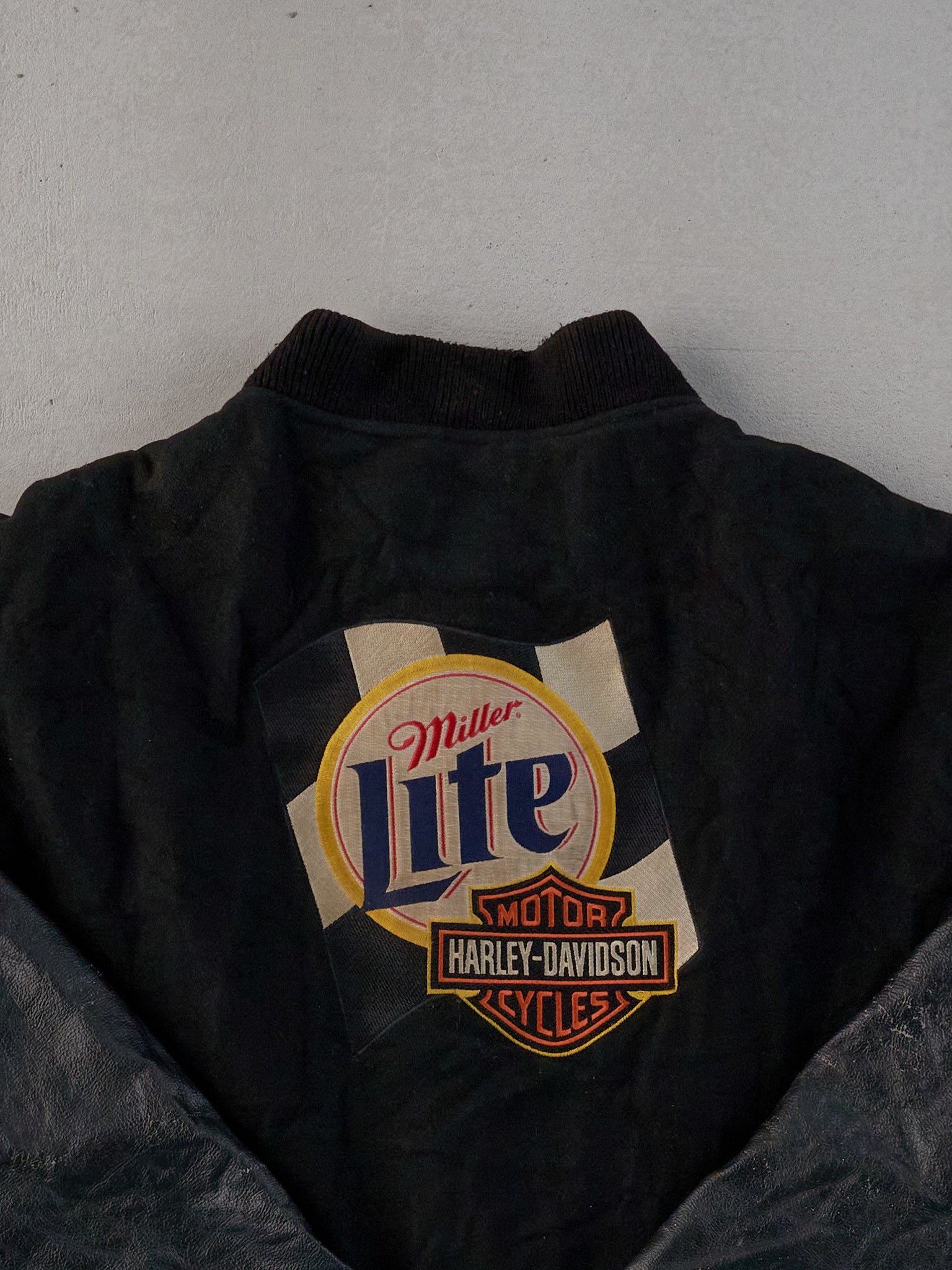 Vintage 90s Black Harley Davidson X Miller Lite Varsity Leather Jacket (L)