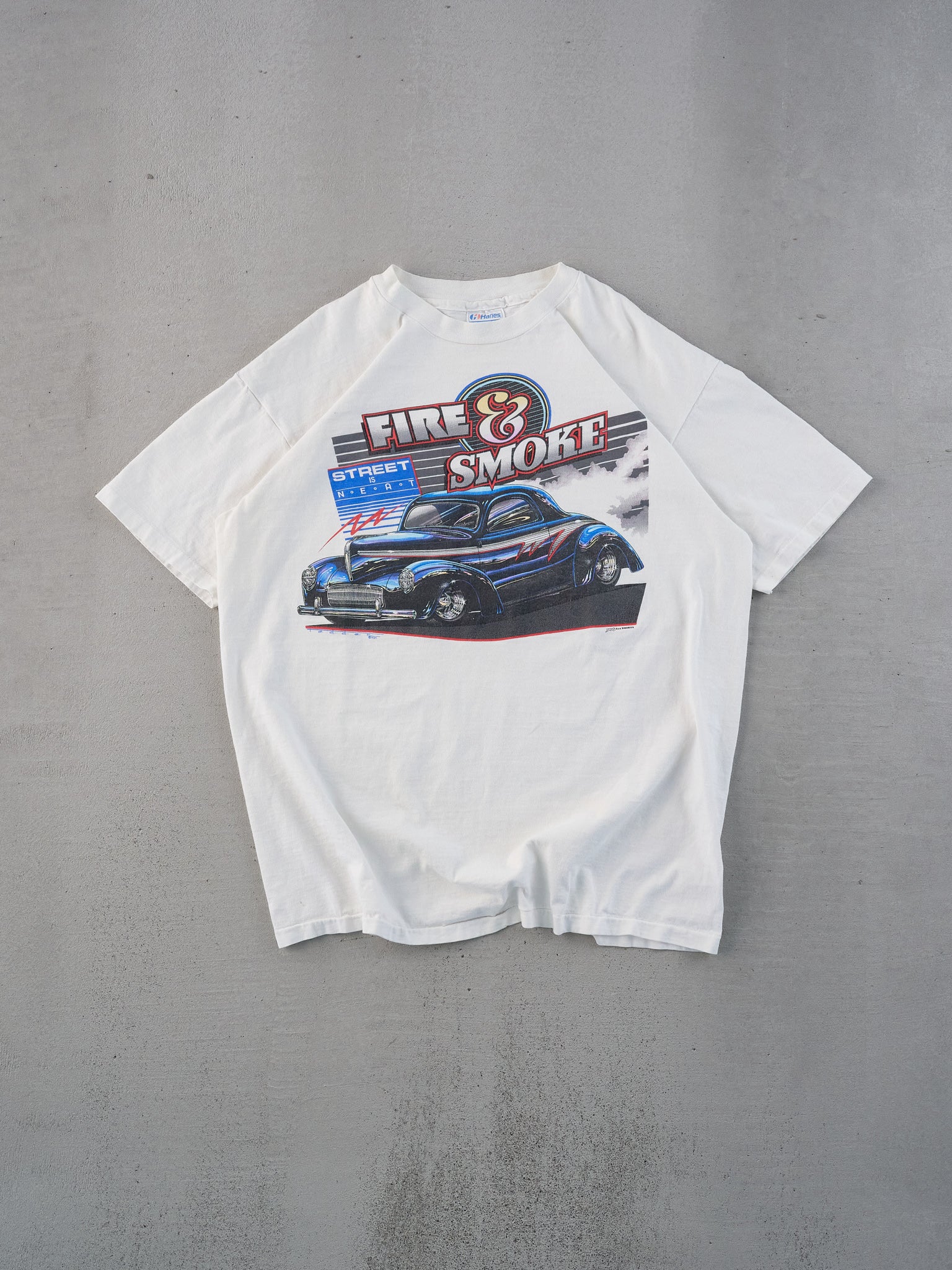 Vintage 89' White Single Stitched Fire & Smoke Graphic Tee (M)