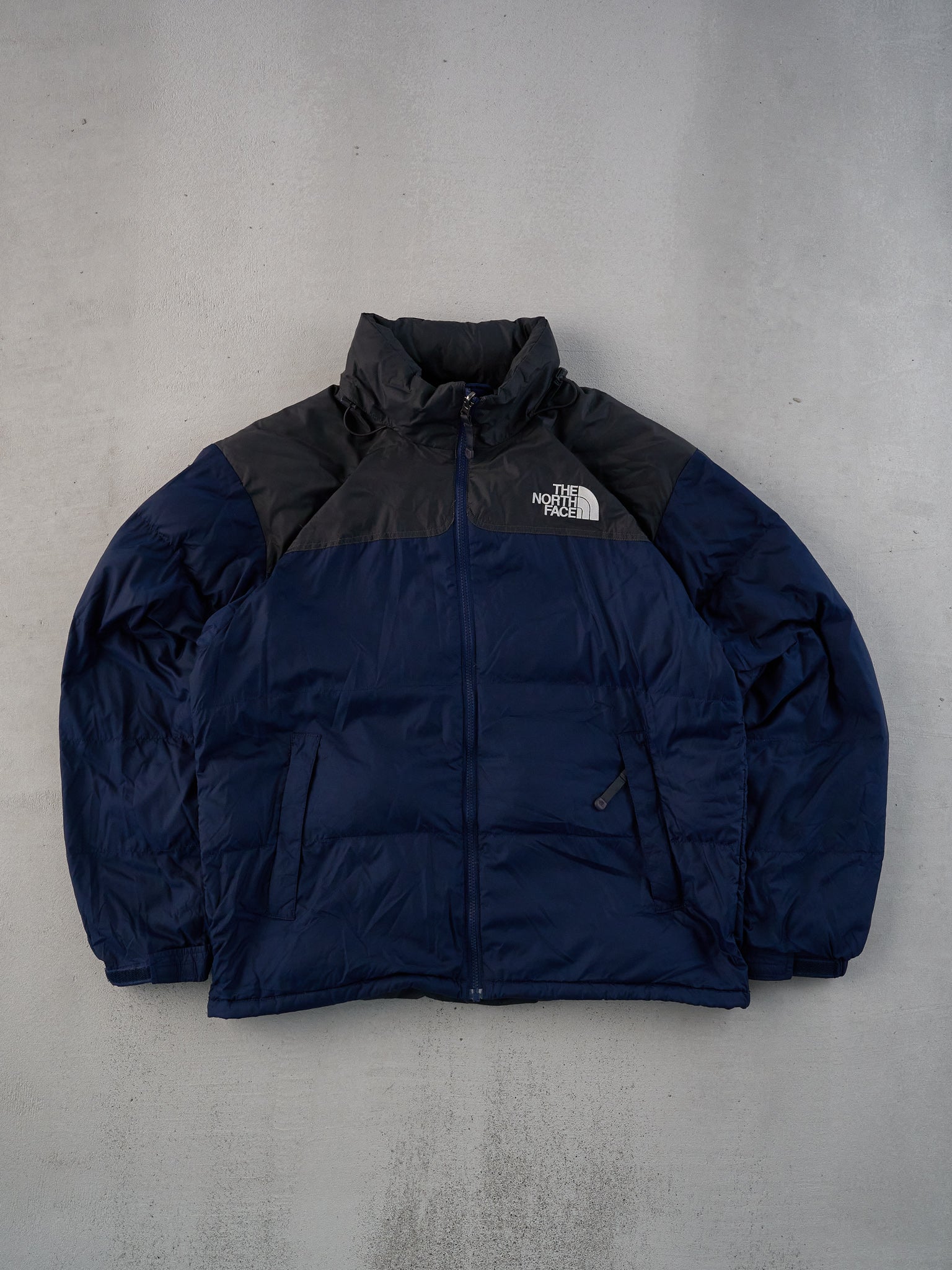 Vintage 90s Navy Blue and Black Northface Nuptse Winter Jacket (L)