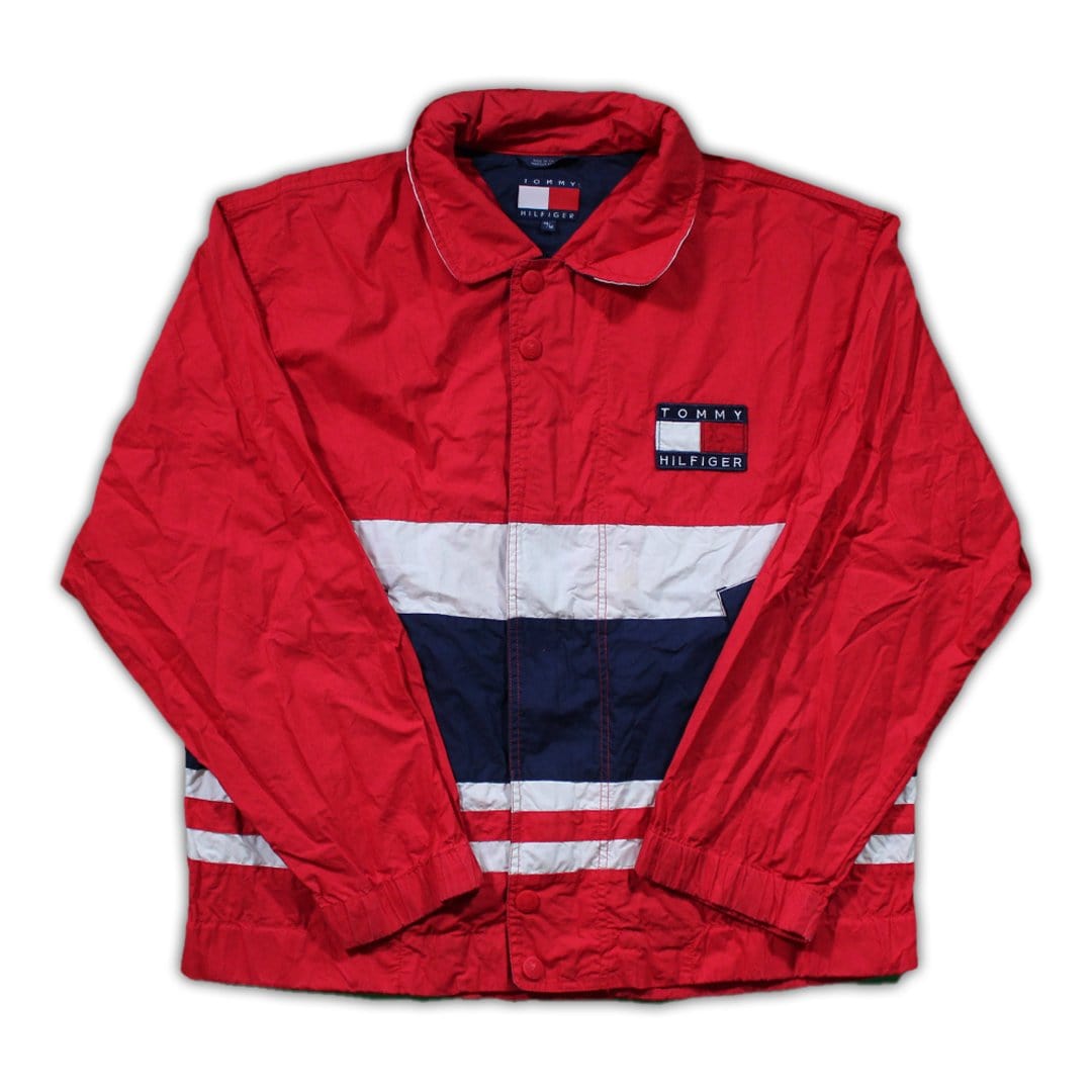 Vintage 90s Tommy Hilfiger Tricolor Striped Collared Jacket | Rebalance Vintage.
