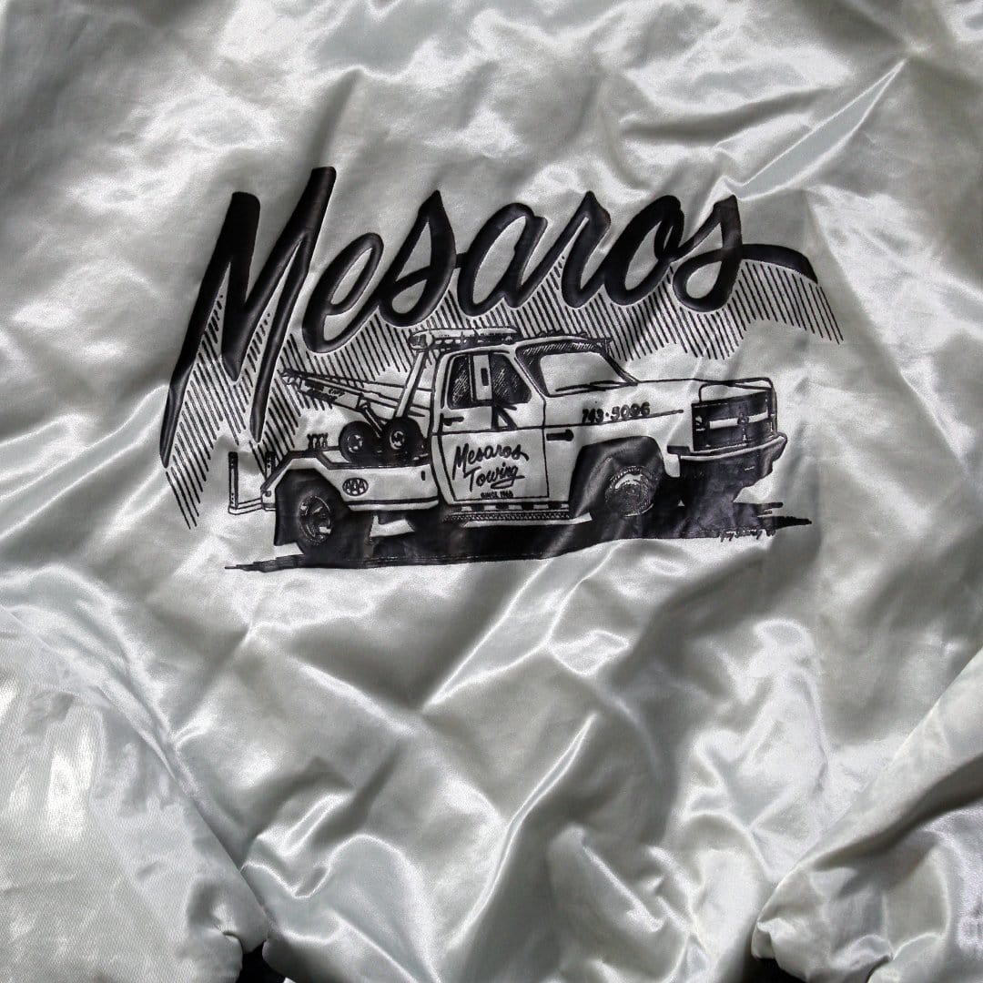 Vintage Grey Satin 'Mesaros Towing' Bomber Jacket | Rebalance Vintage.