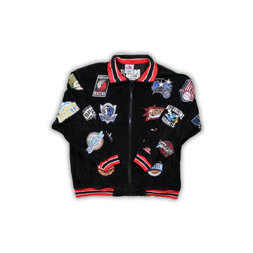Vintage RARE All Over NBA Patch Logo Velour Zip Up | Rebalance Vintage.
