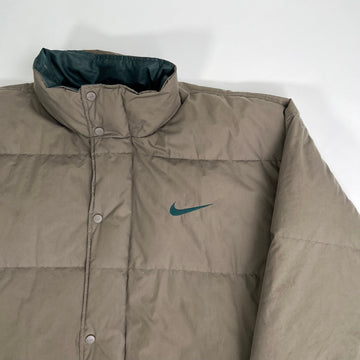 Vintage 90s Brown + Green Nike Swoosh Oversized Down Puffer Jacket (XL) | Rebalance Vintage.