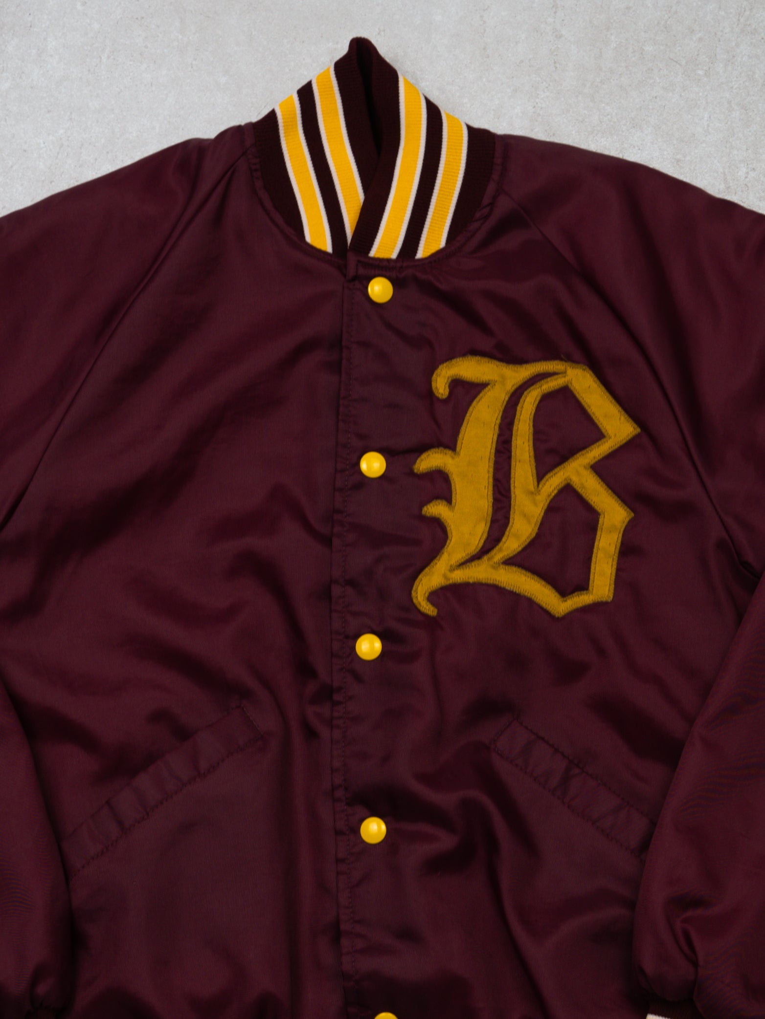 Vintage 70s Maroon + Yellow Butwin 'B' Satin Bomber (S)