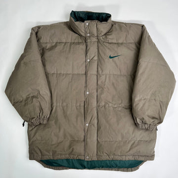 Vintage 90s Brown + Green Nike Swoosh Oversized Down Puffer Jacket (XL) | Rebalance Vintage.