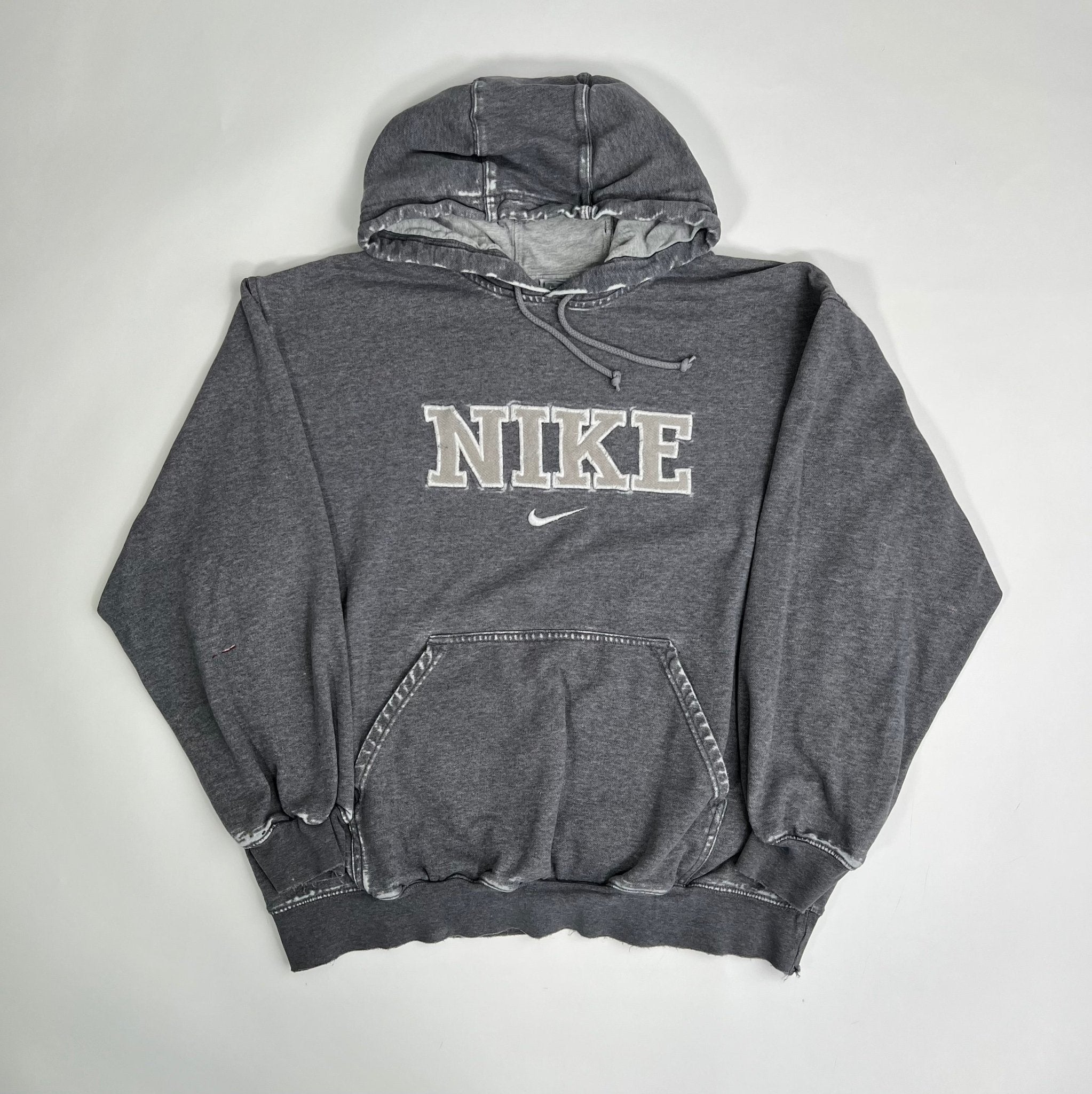 Vintage 00s Washed Grey Nike Spell out Mid Check Hoodie (L) | Rebalance Vintage.