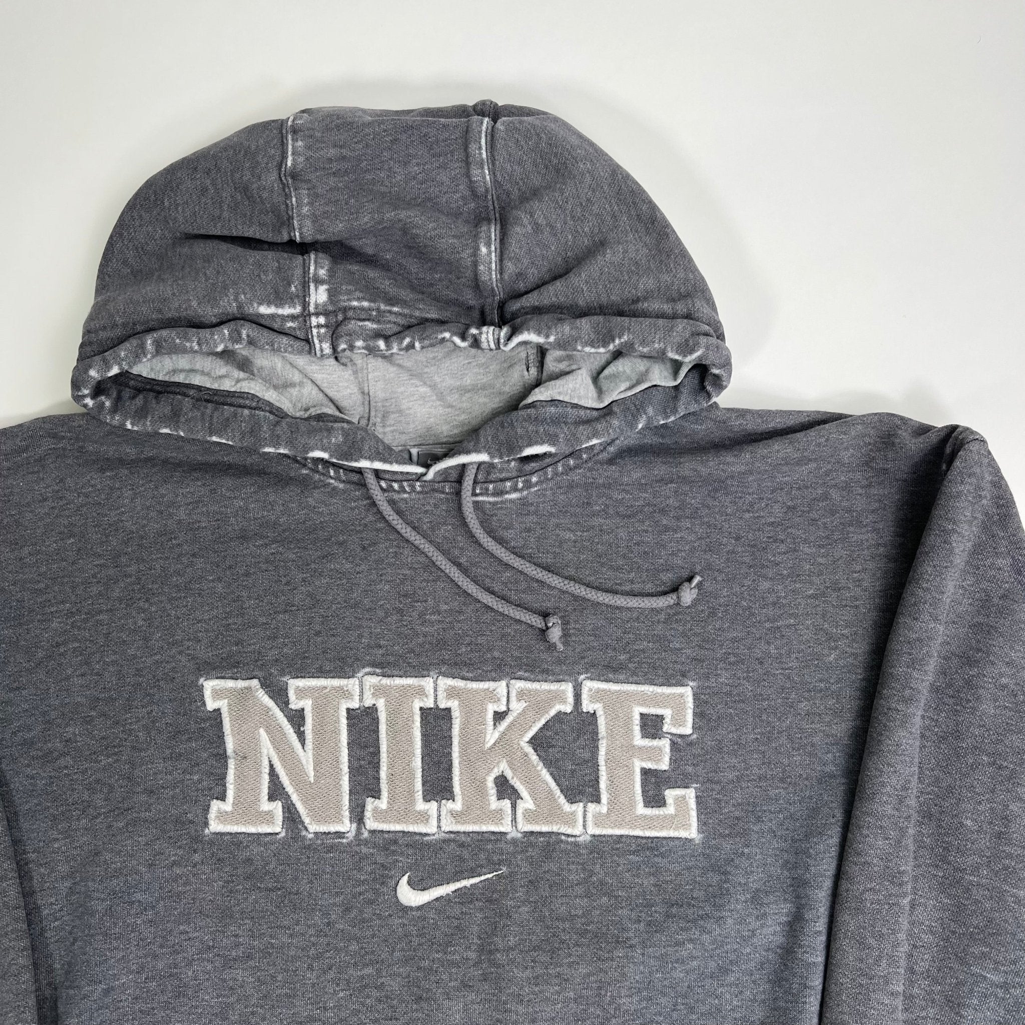 Vintage 00s Washed Grey Nike Spell out Mid Check Hoodie (L) | Rebalance Vintage.