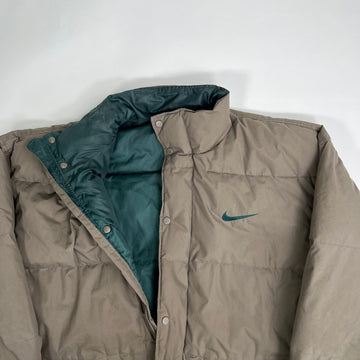Vintage 90s Brown + Green Nike Swoosh Oversized Down Puffer Jacket (XL) | Rebalance Vintage.