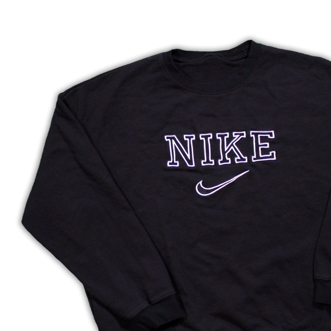 Vintage 90s Bootleg Black Nike Spell Out Crewneck | Rebalance Vintage.