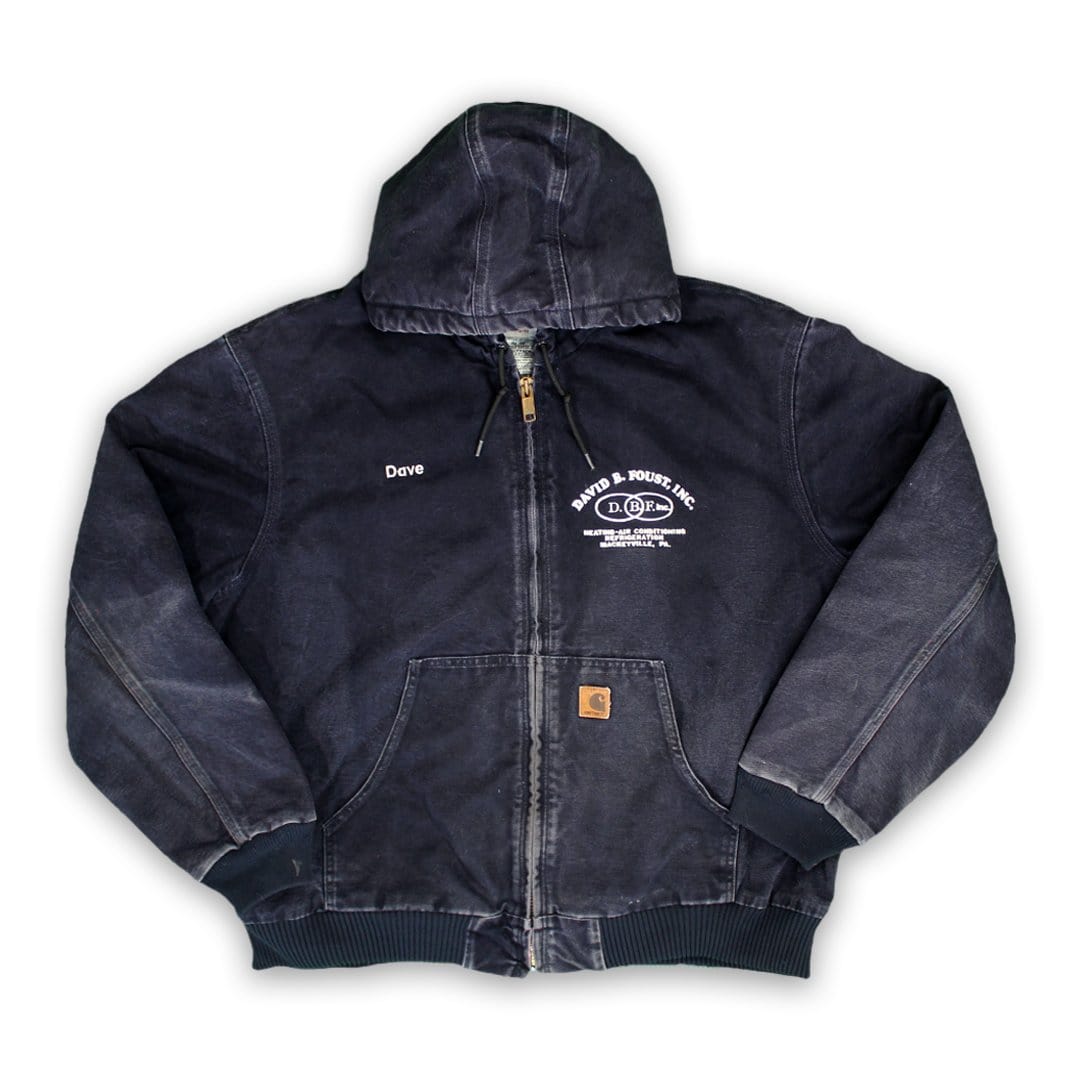 Vintage 90s Blue Carhartt 'David Foust Inc' Hooded Jacket (XL/XXL) | Rebalance Vintage.