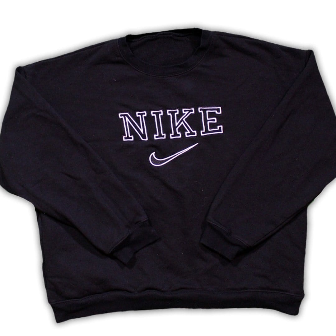 Vintage 90s Bootleg Black Nike Spell Out Crewneck | Rebalance Vintage.