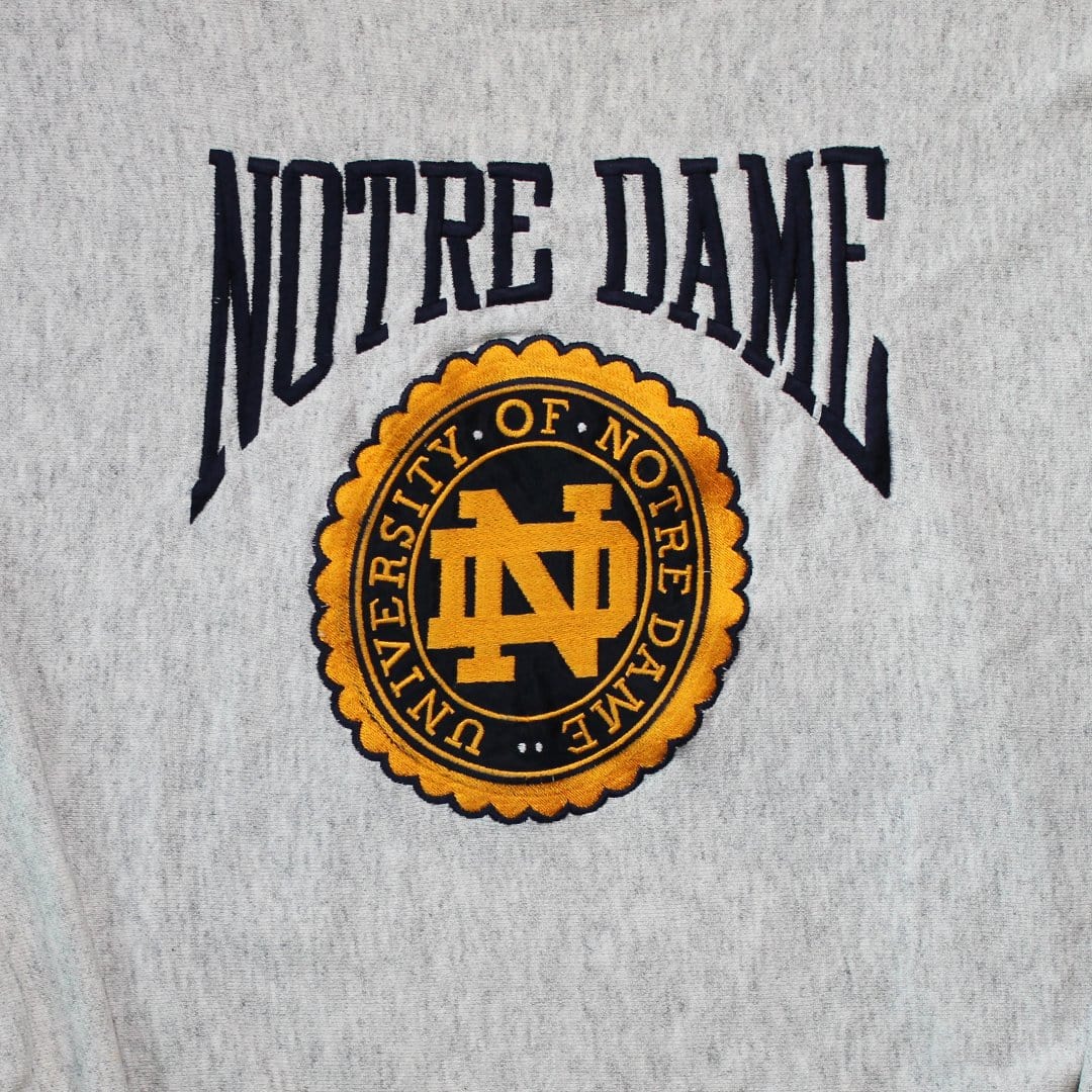 Vintage 90s Grey + Blue Notre Dame Embroidered Crewneck | Rebalance Vintage.