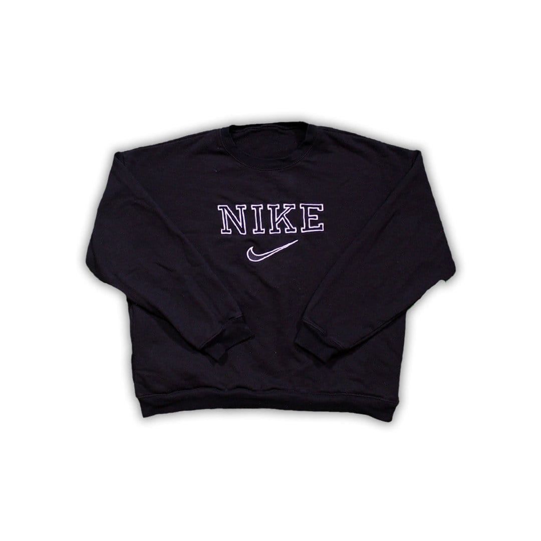 Vintage 90s Bootleg Black Nike Spell Out Crewneck | Rebalance Vintage.